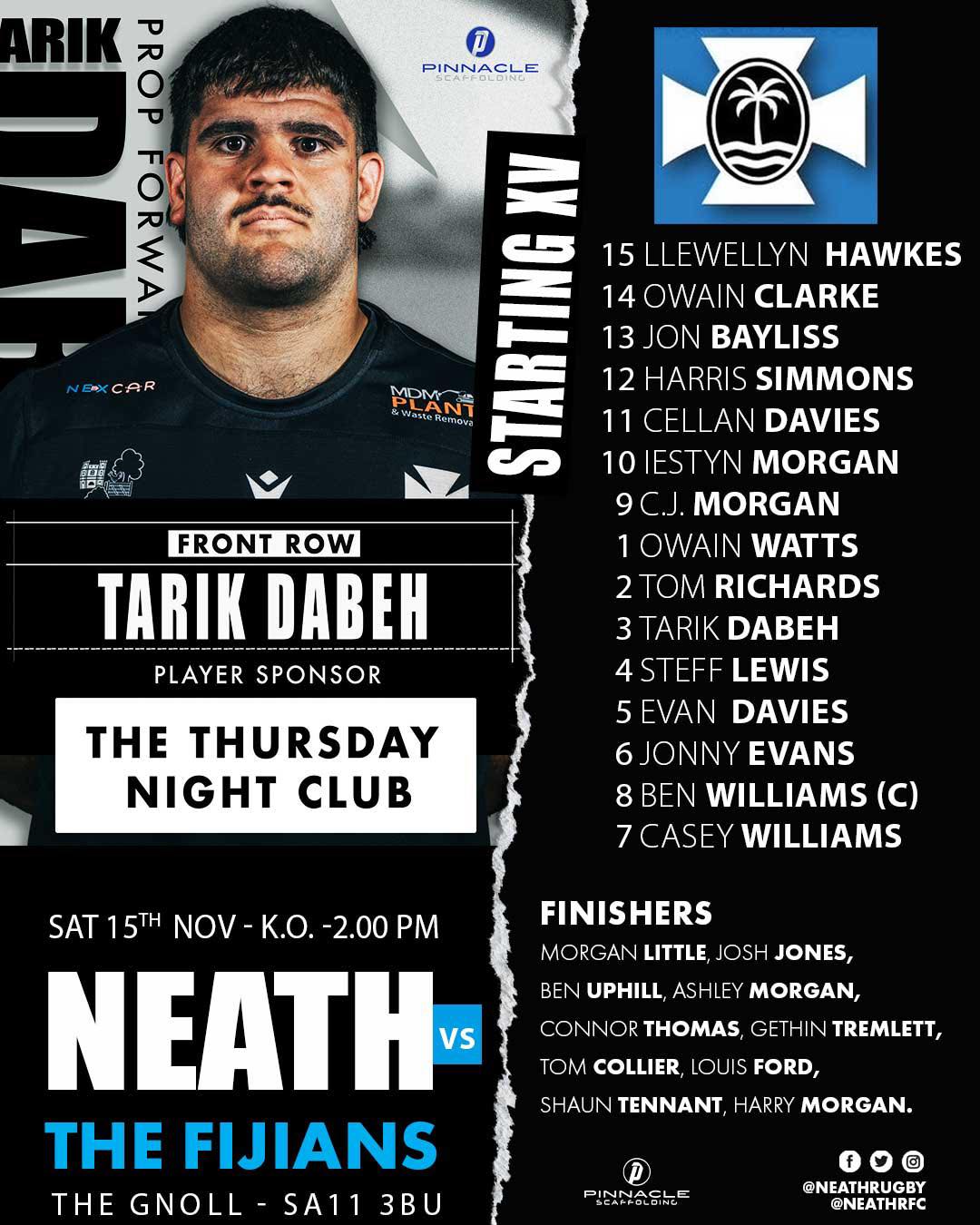 Neath - 🖤 TEAM NEWS: Neath RFC v The Fijians 🇫🇯 🗓 15.11.25 ⏰ *** 2.00 ...