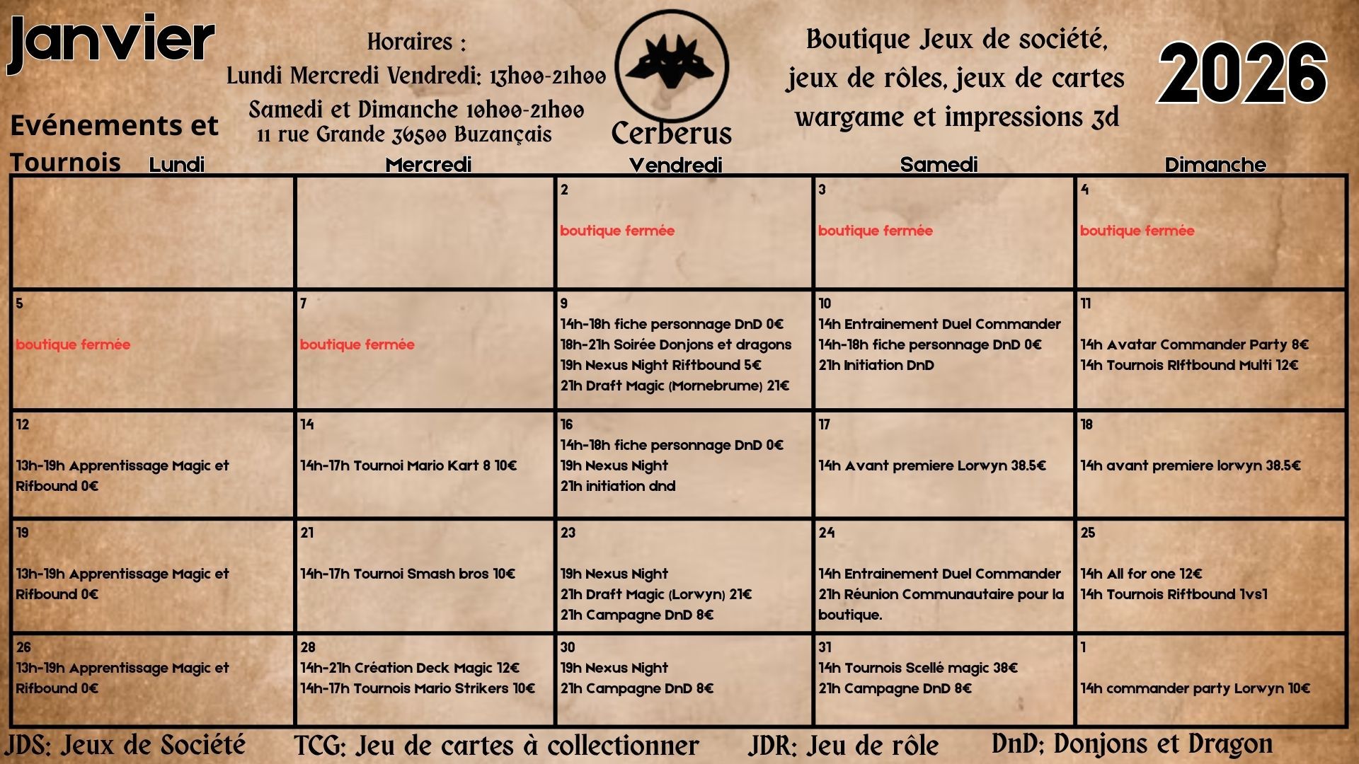 Cerberus3D - 🎲 PLANNING JANVIER 2026 – CERBERUS 🎲 Une nouvelle année ...