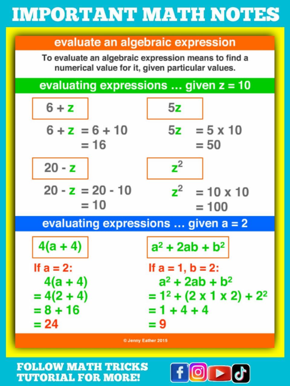 Math - Evaluate Algebraic Expression Math Notes | Facebook