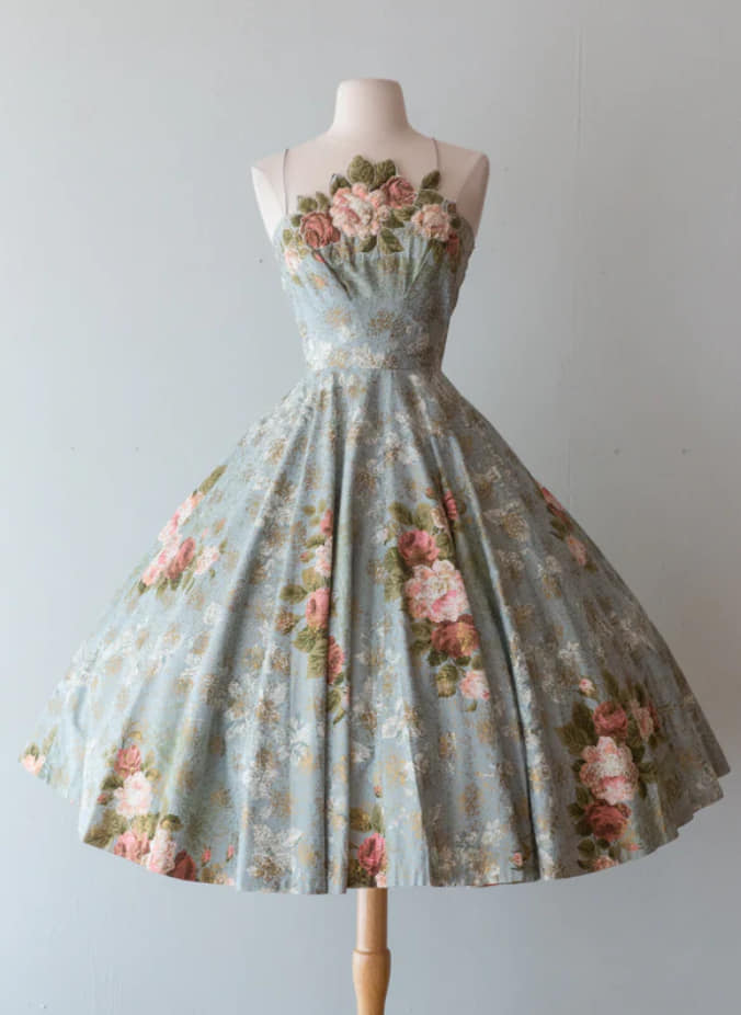 Vintage 1950s Metallic Silver Quilted Full Sweep Cocktail Dress At