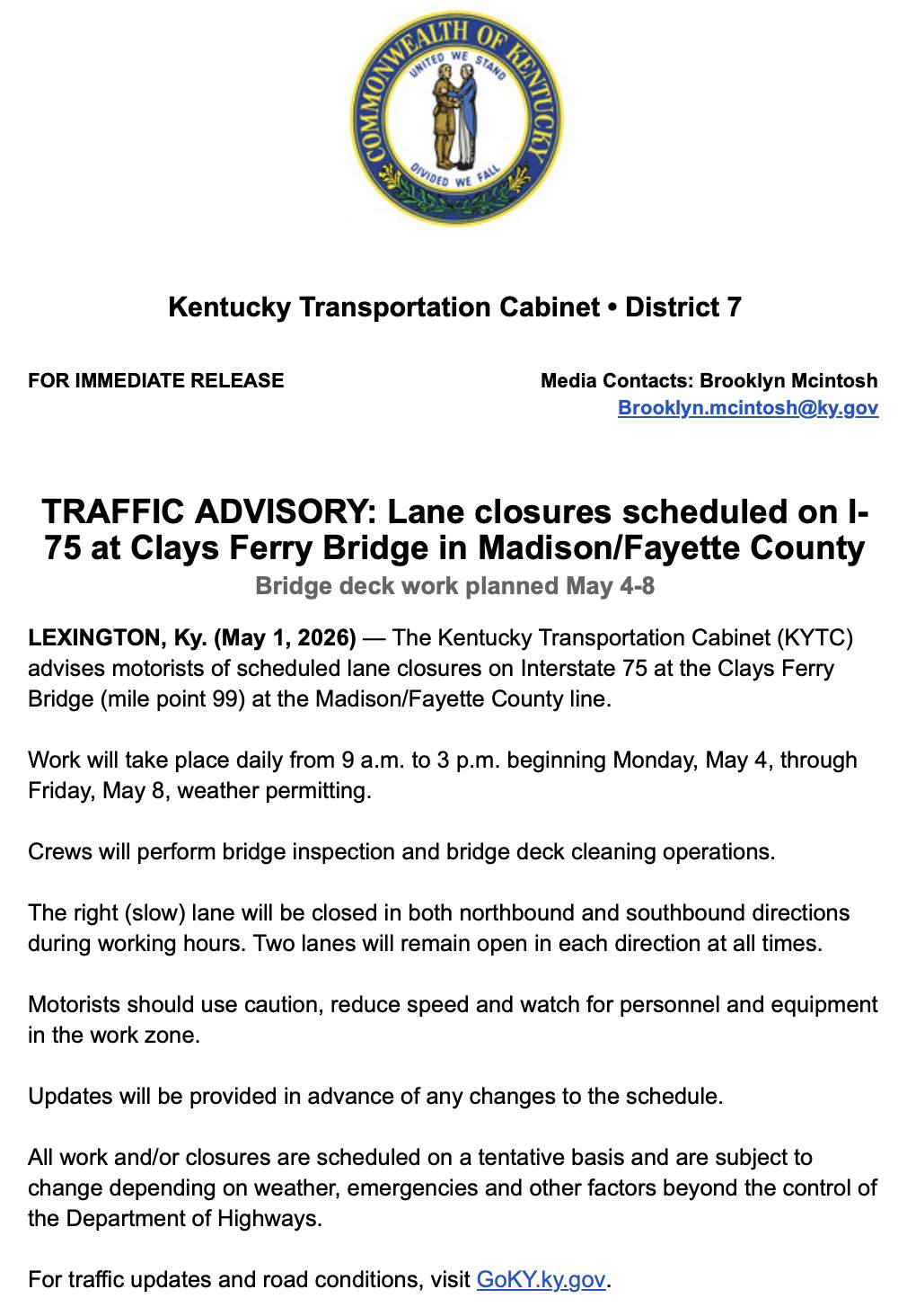 🚧Traffic Advisory: I-75 Lane Closures at Clays Ferry Bridge The