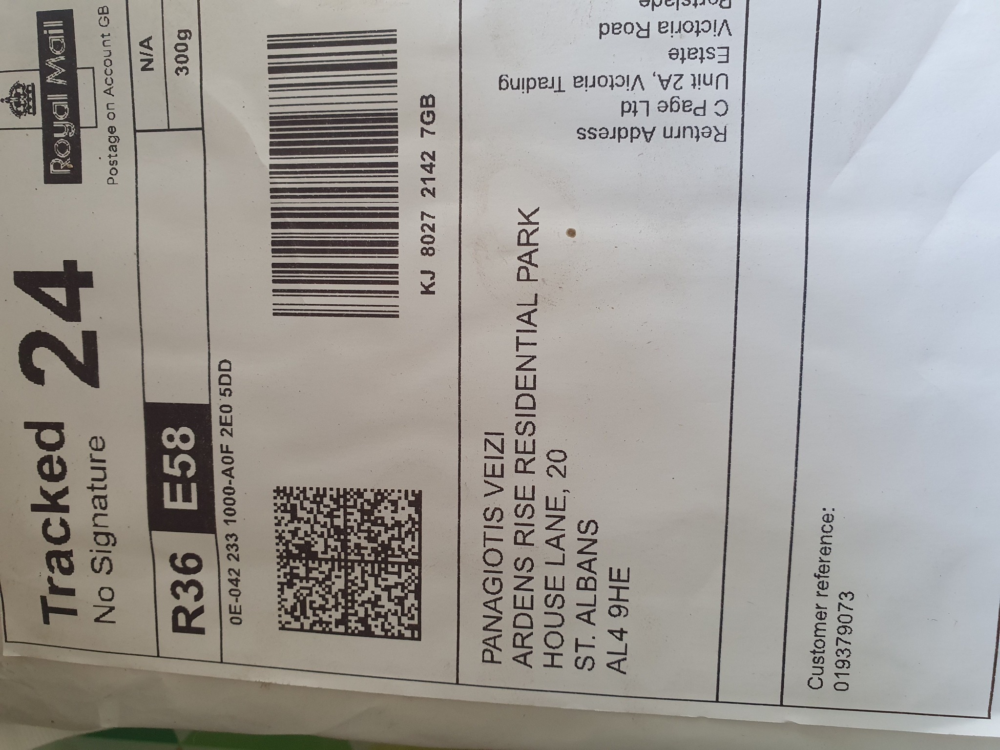 Package delivered to Panagiotis Veizi in St Albans | Sandridge