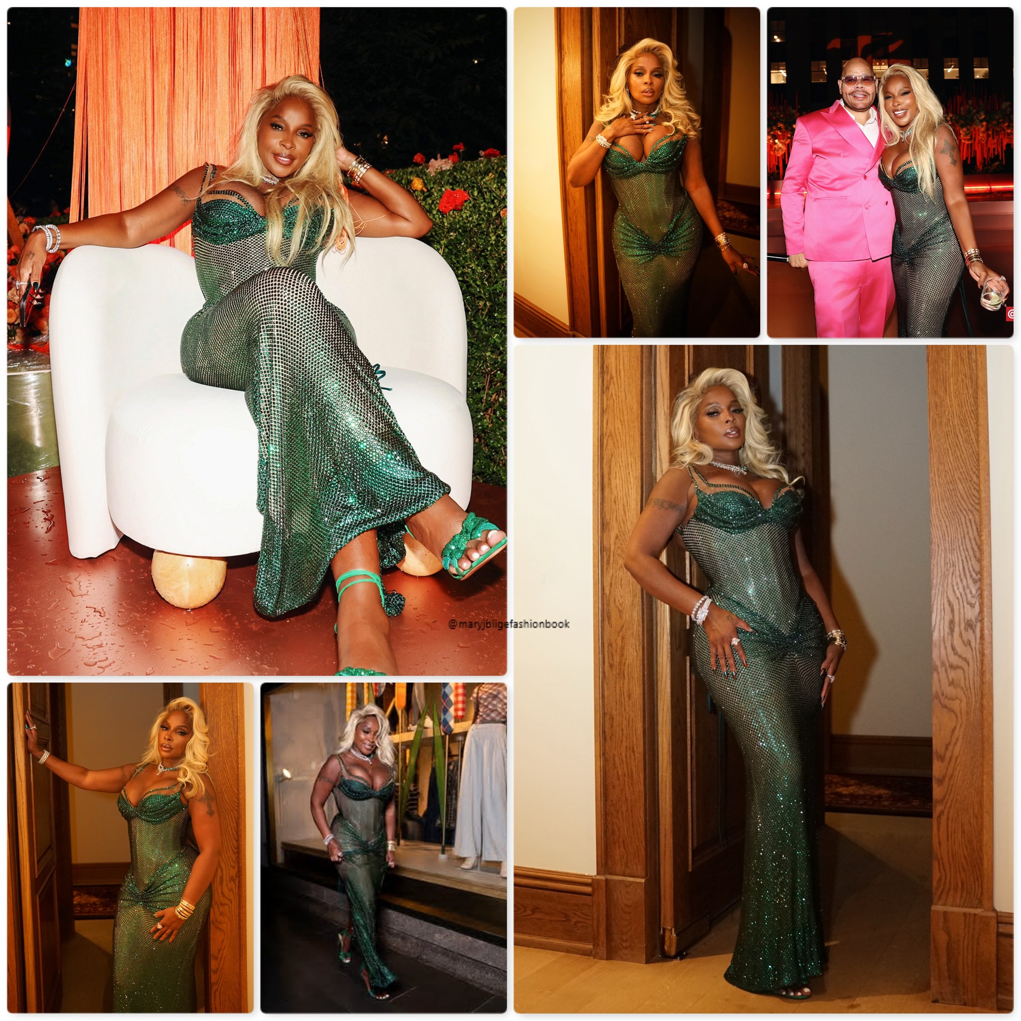 Mary J. Blige's green crystal gown at Fat Joe's birthday party