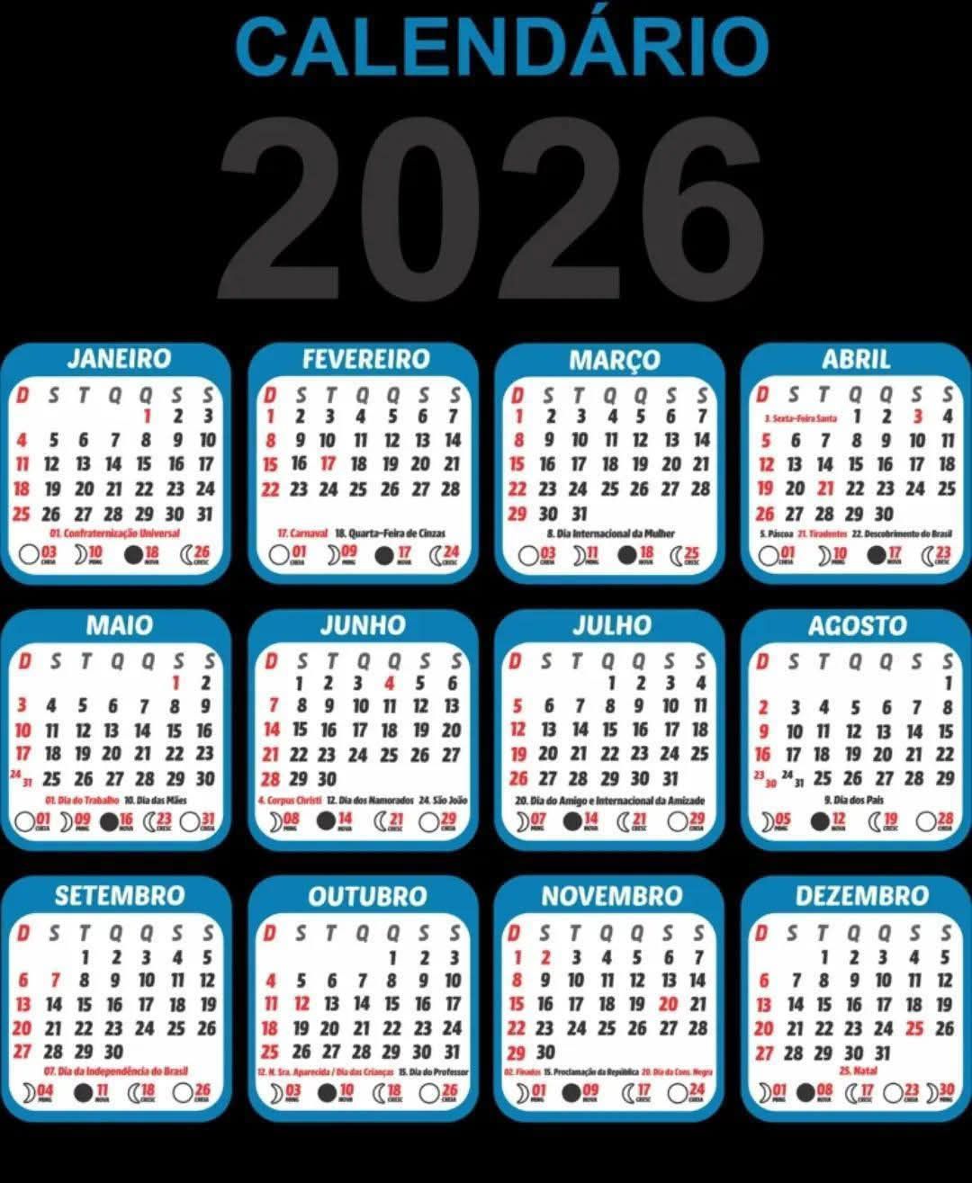 Calendário 2026, anote na sua agenda os principais feriados (Brasil). - Feriados no primeiro semestre: 1º de janeiro (quinta-feira) –  Confraternização Universal 17 de fevereiro (terça-feira) – Carnaval 3 de  abril (sexta-feira) –