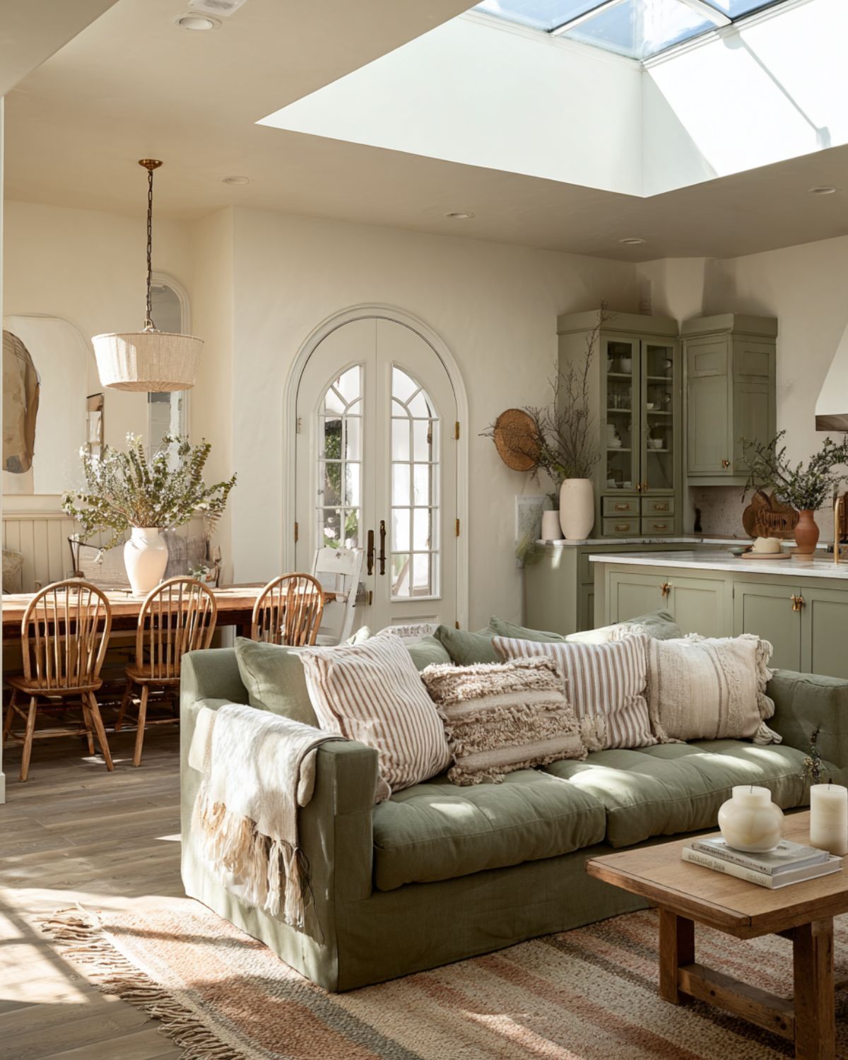 Open plan living at its finest! Love how the sofa is matched to the green kitchen cabinets