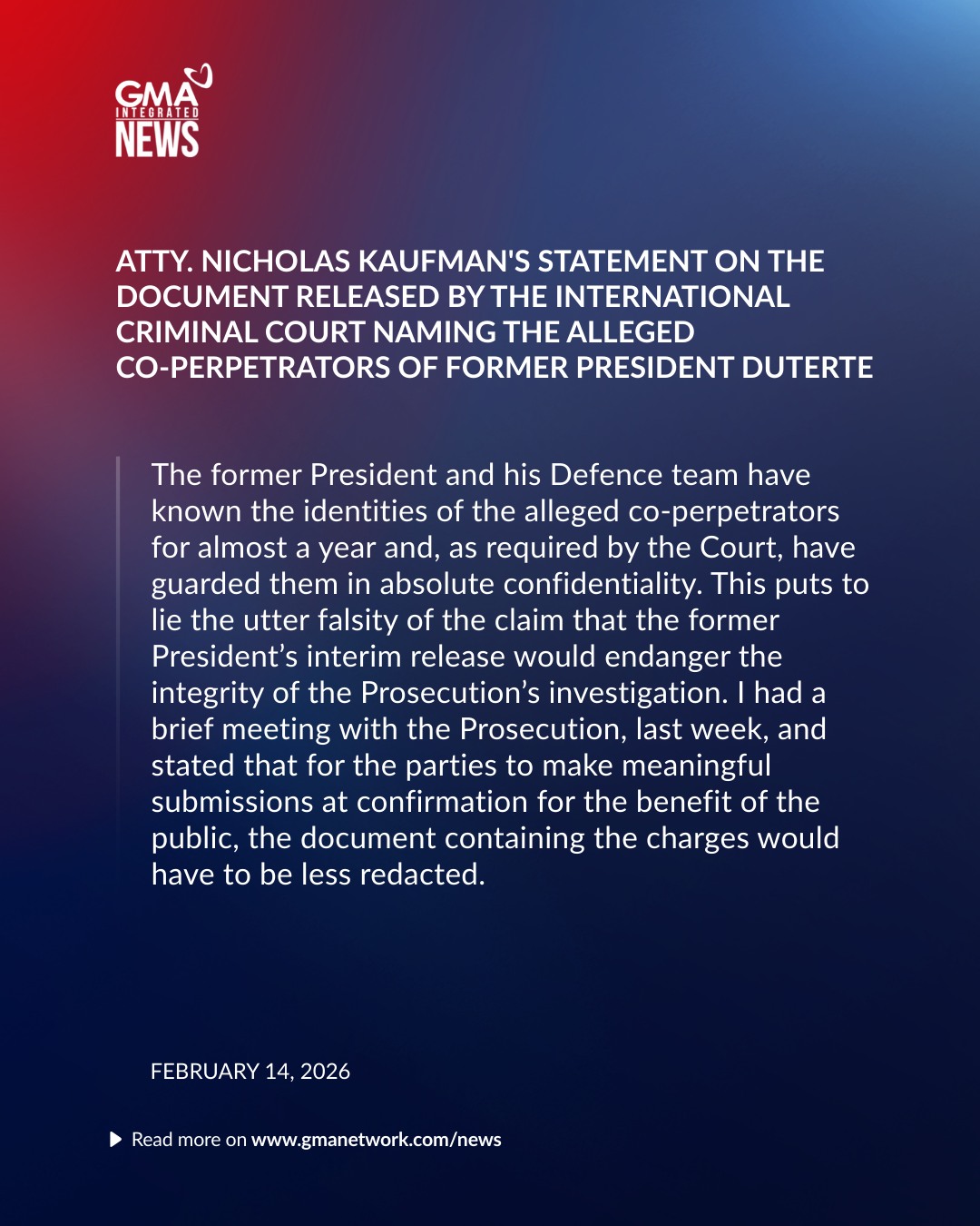 GMA - READ: Statement of Atty. Nicholas Kaufman, counsel for former ...