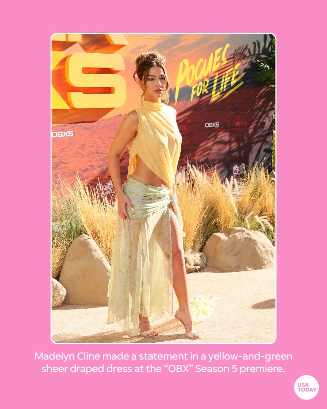 madelyn cline green dress So many fabulous looks this week! 🩷 From #IndieNavarrette's D23 leather moment to #MadelynCline's farewell #OBX premiere ensemble, the fashion was delivered! ✨ See more of this week's best looks at the SCH005774_R_M