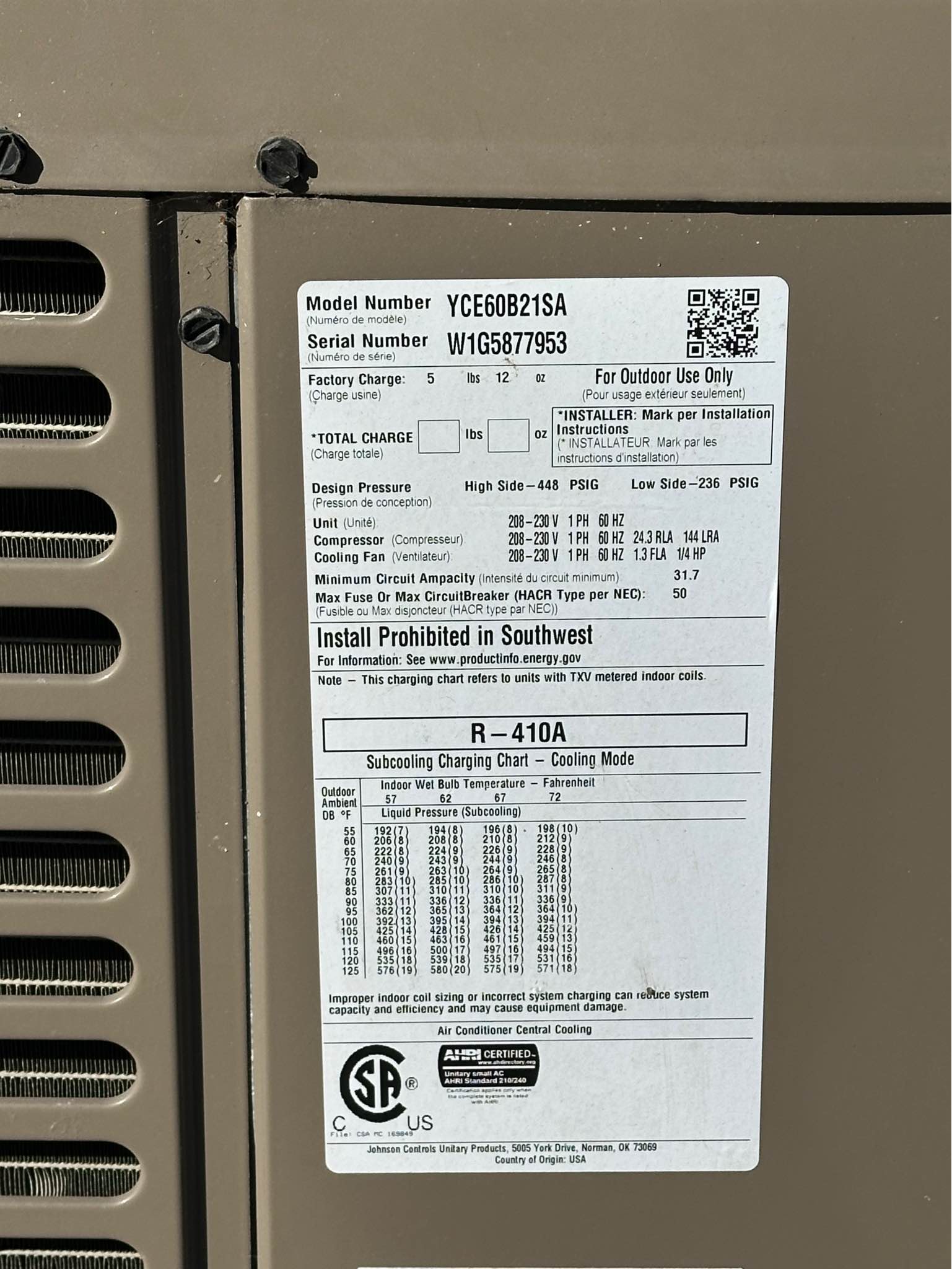 York 5 Ton AC Condenser Unit – Model YCE60B21SA (R-410A) - Air ...