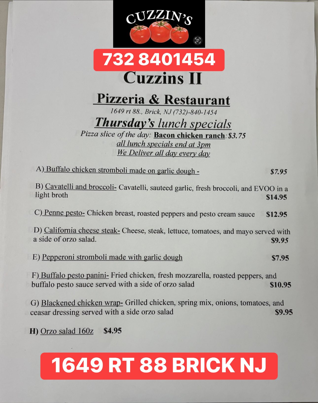 Cuzzins Pizza and Restaurant Brick NJ | Brick Township NJ