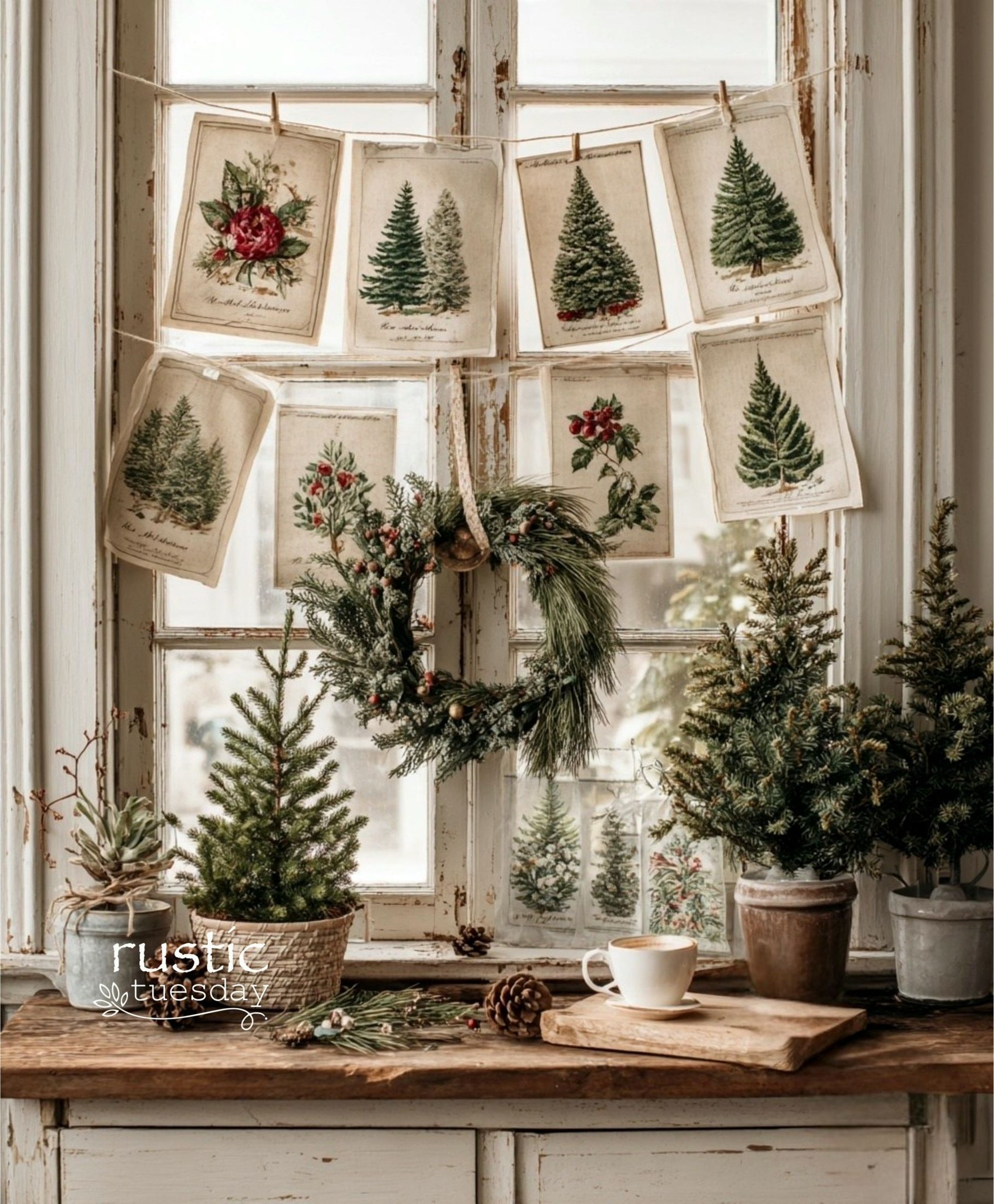 𝚛𝚞𝚜𝚝𝚒𝚌 - Old windows dressed in simple winter touches... tiny tree ...