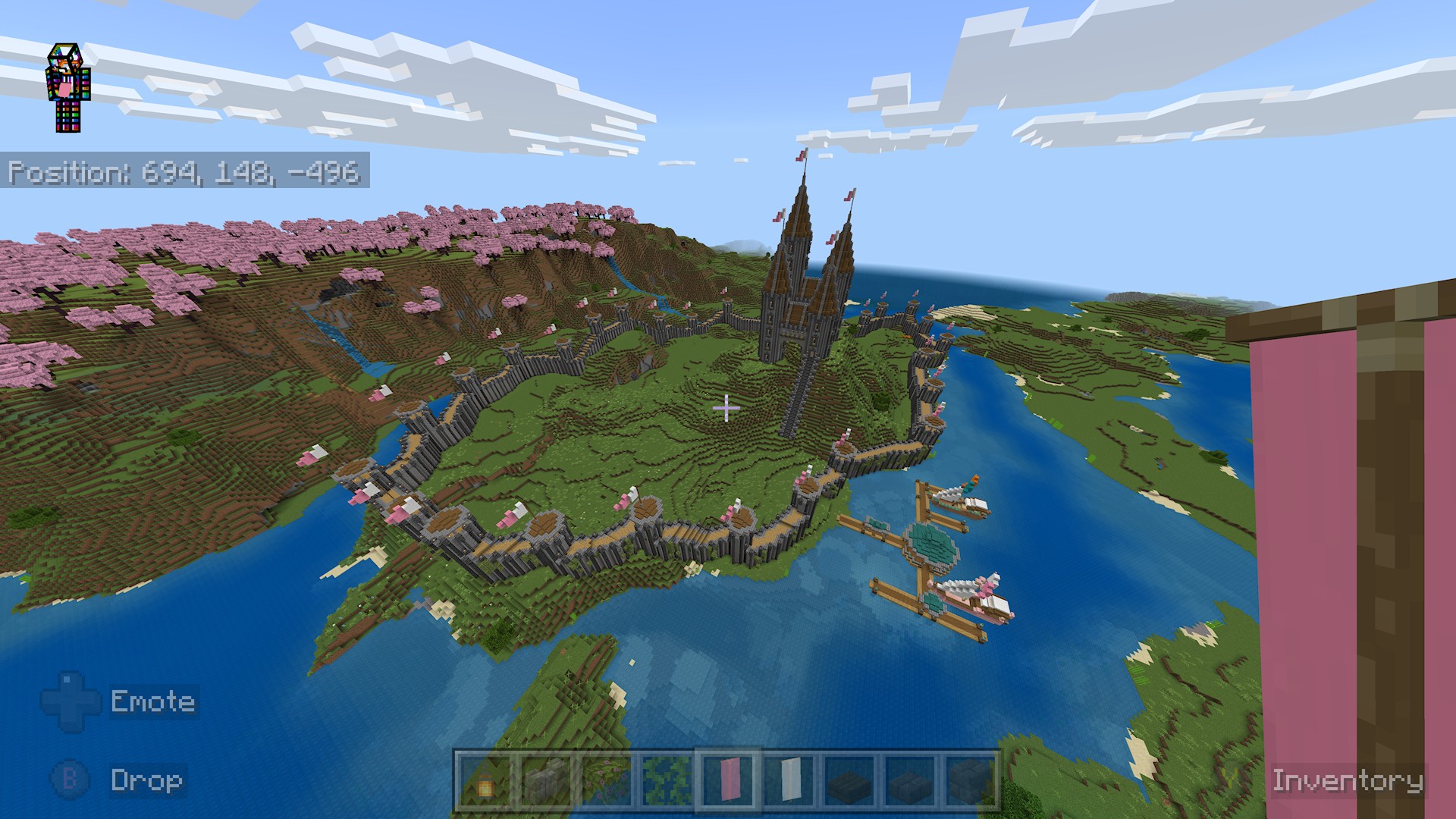 Minecraft village build update with completed wall and docks