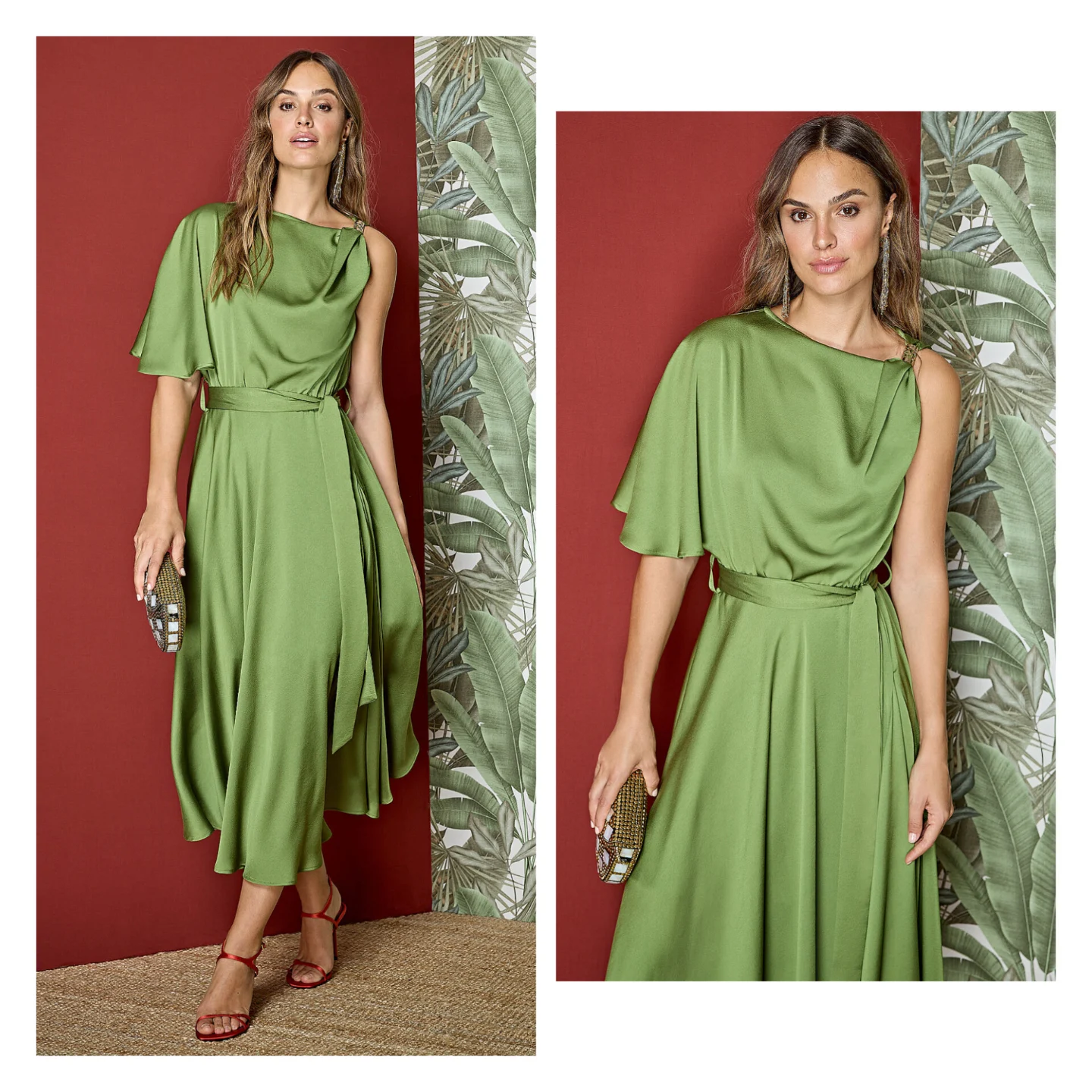emerald green chiffon asymmetric strap draped midi dress Olive asymmetrical satin on sale Ideal for women seeking pocket:none First Communion Dresses - Size:UK 12 | EU 38 | US 08 Chocolate chiffon