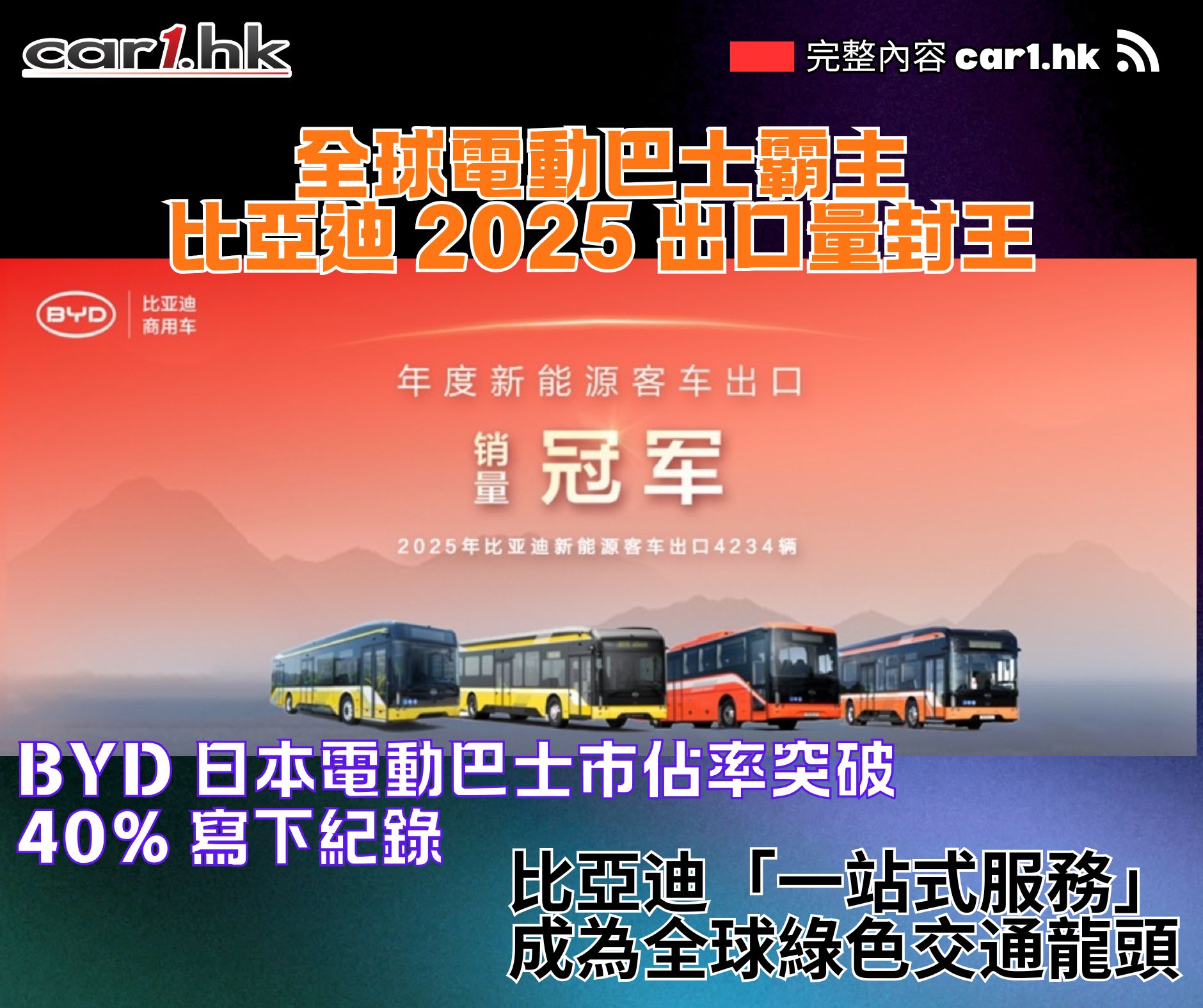 car1.hk - 比亞迪（BYD）再次喺國際舞台刷出存在感！🌍 官方公佈 2025 年業績，BYD 正式成為全球電動巴士出口冠軍，連最難攻入 ...