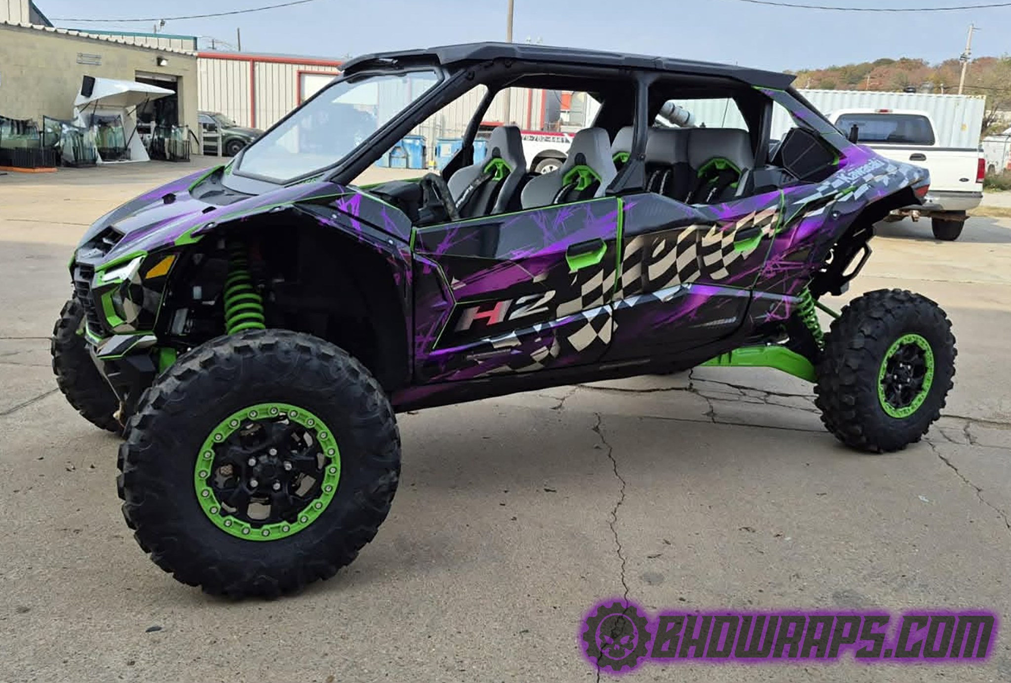 Custom Kawasaki Teryx H2 Wrap Design with Purple Chrome and Green