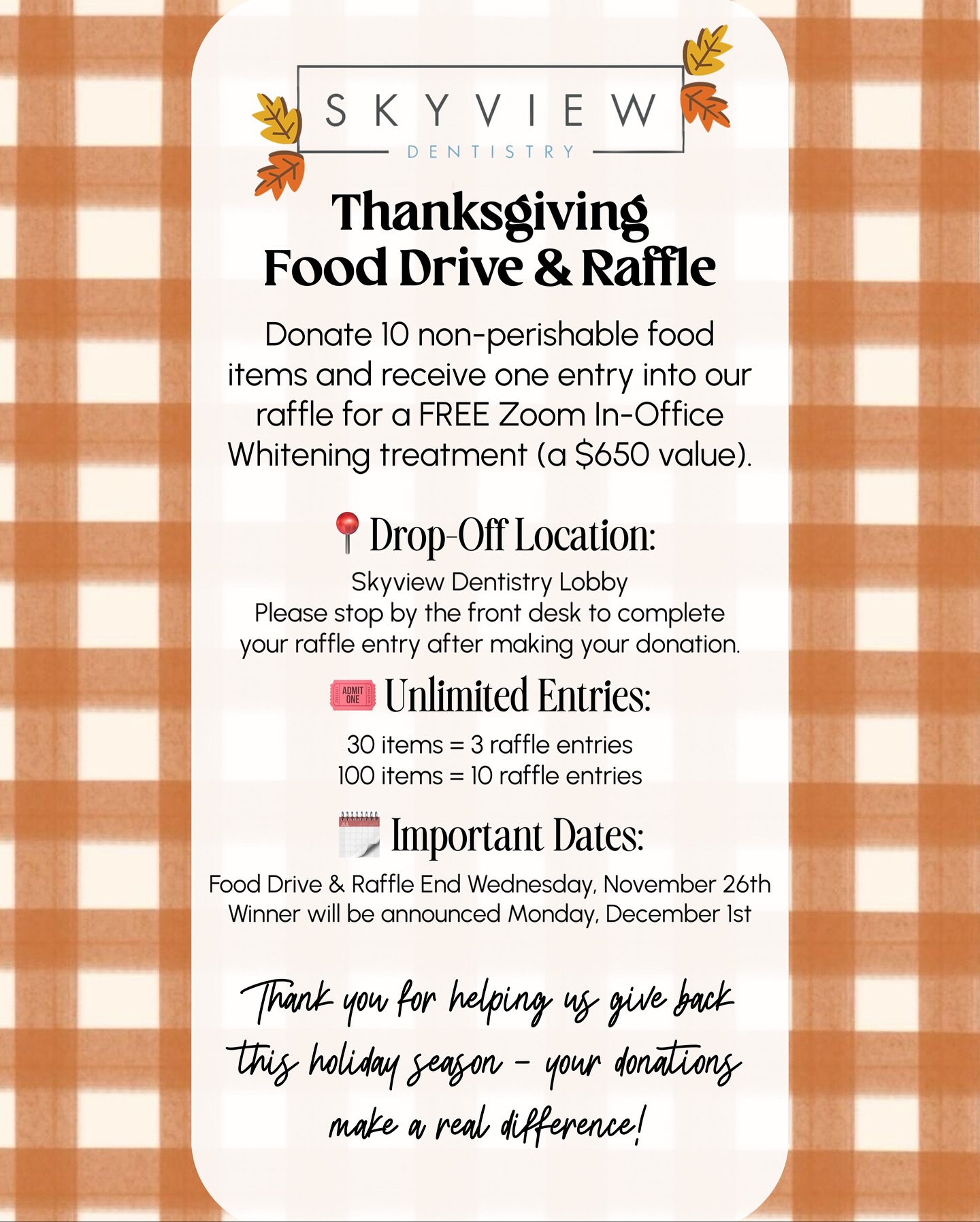 🧡 Join our Food Drive &... - Skyview Dentistry Charlotte | Facebook