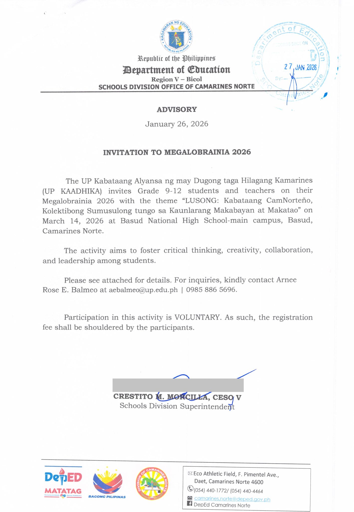DepEd - ADVISORY Dated January 26, 2026 INVITATION TO MEGALOBRAINIA ...