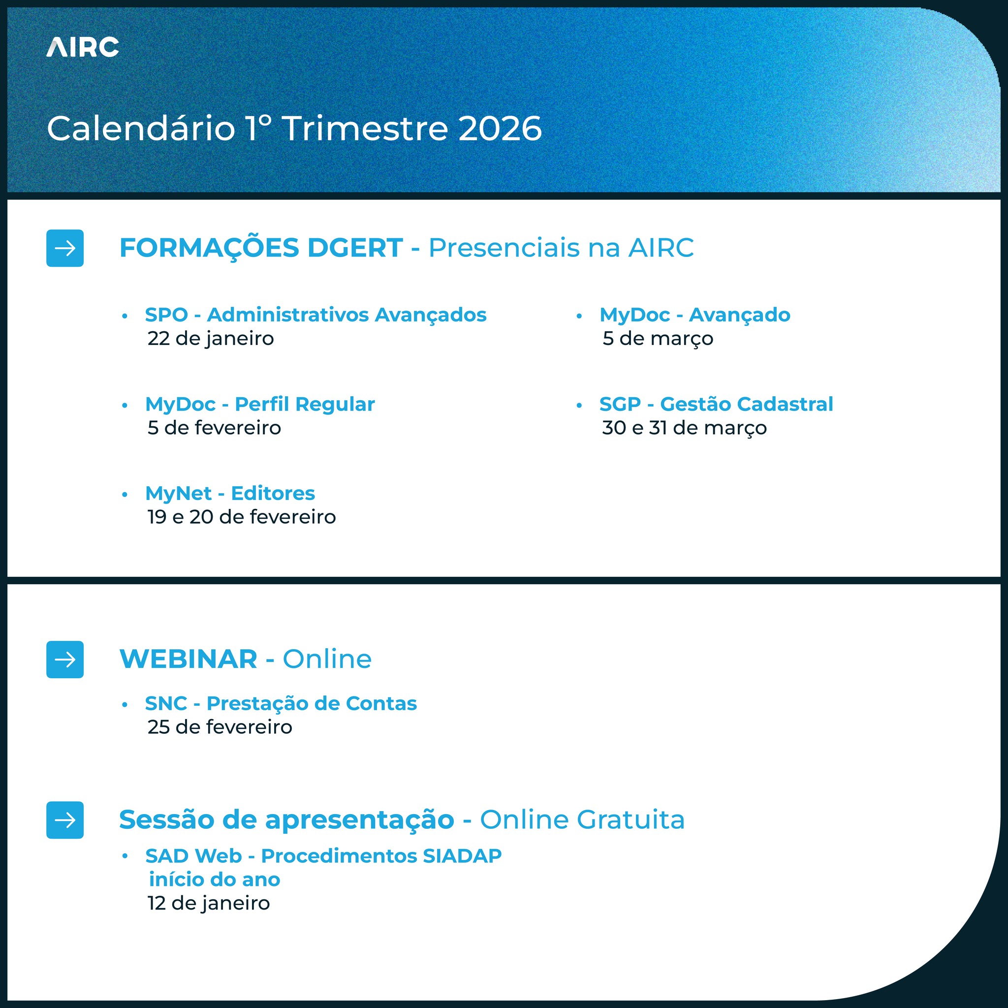 AIRC - A AIRC divulga o calendário do 1.º trimestre de 2026 com as ...