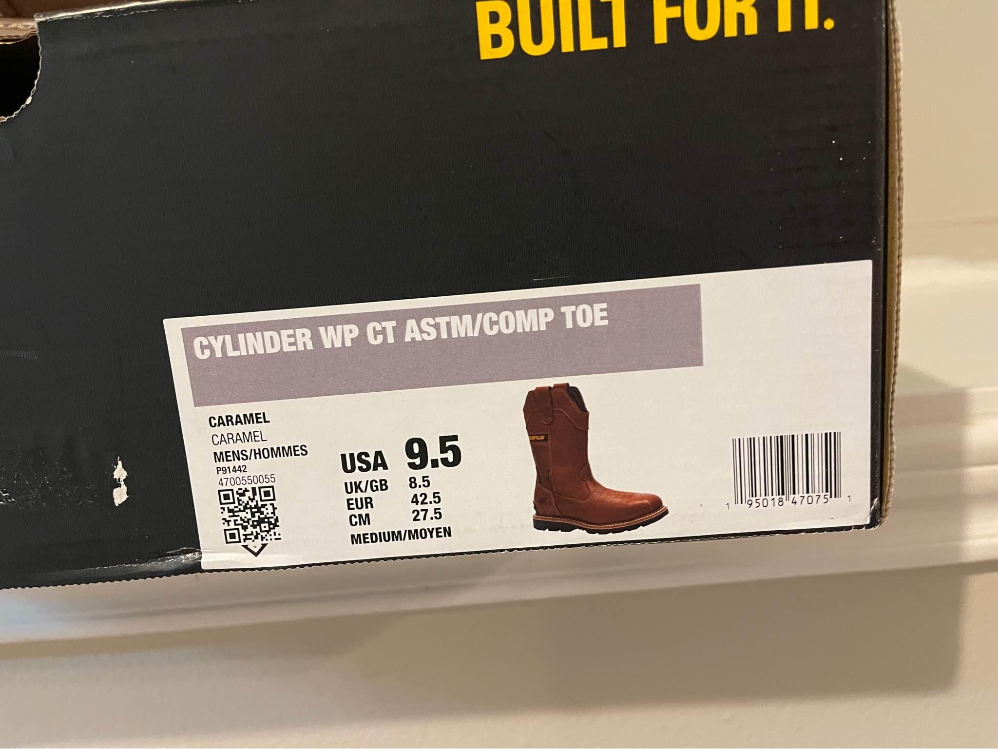Durable Caterpillar work boots are made of black leather with a