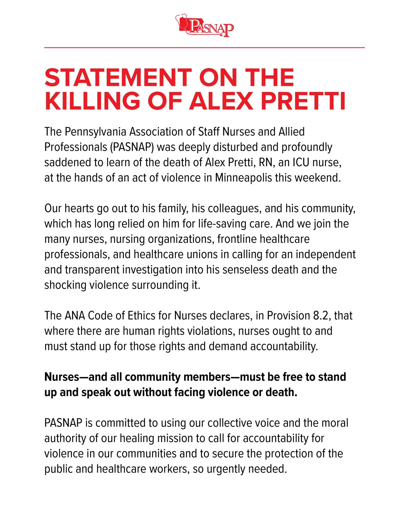Statement on the death of Alex Pretti, an ICU nurse and dedicated ...