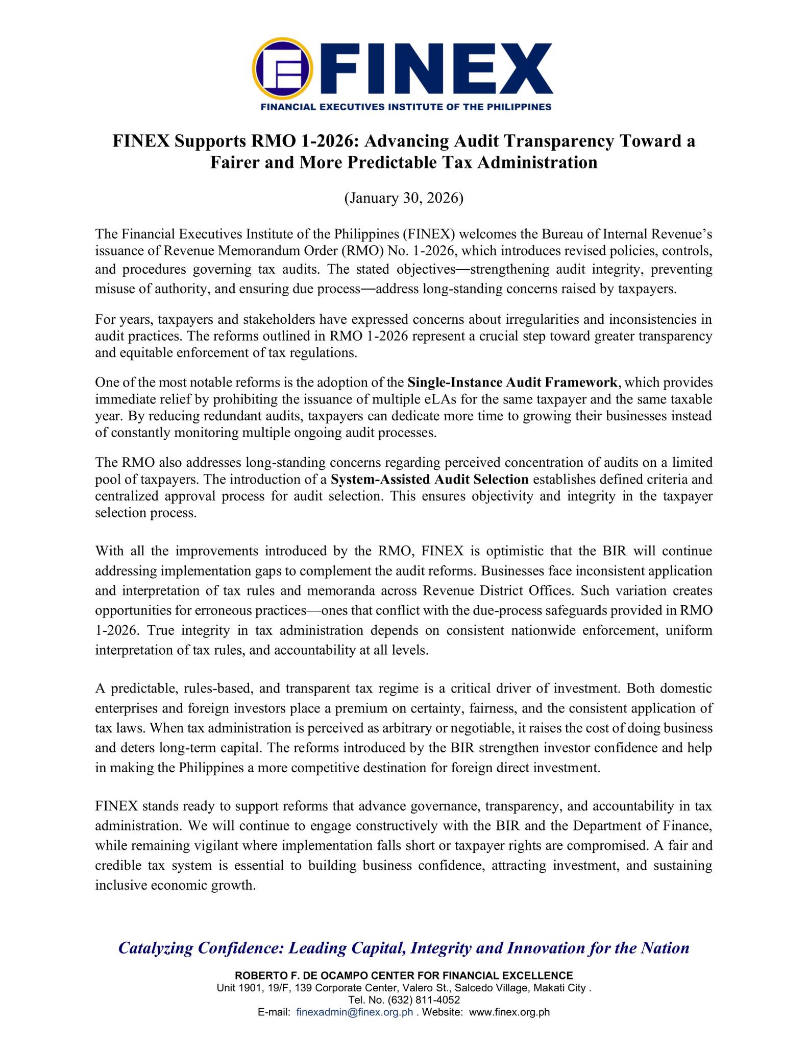 FINEX - FINEX Official Statement in support of RMO 1-2026: Advancing ...