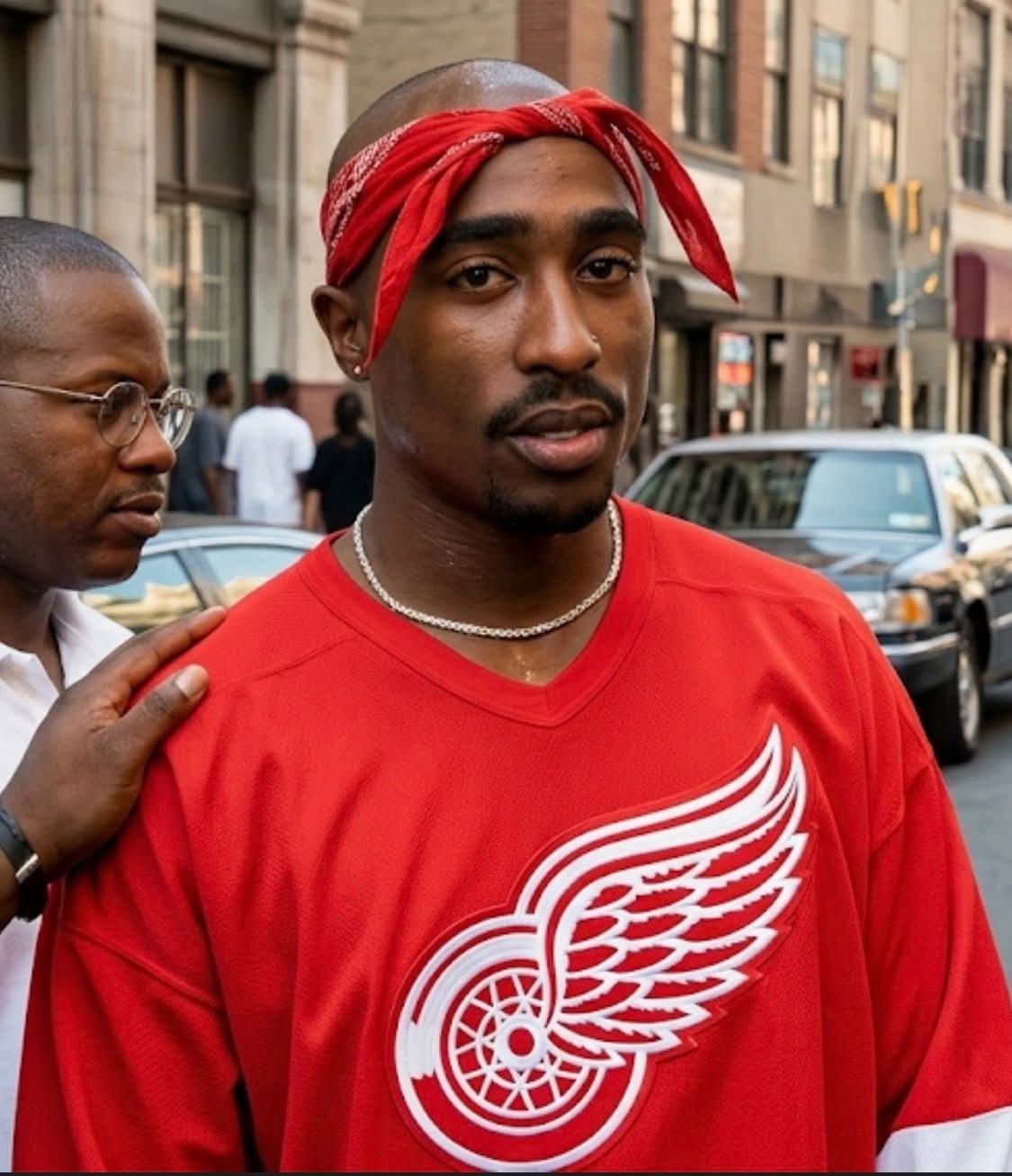 Tupac Shakur vestindo uma camisa do time de hóquei Detroit Red