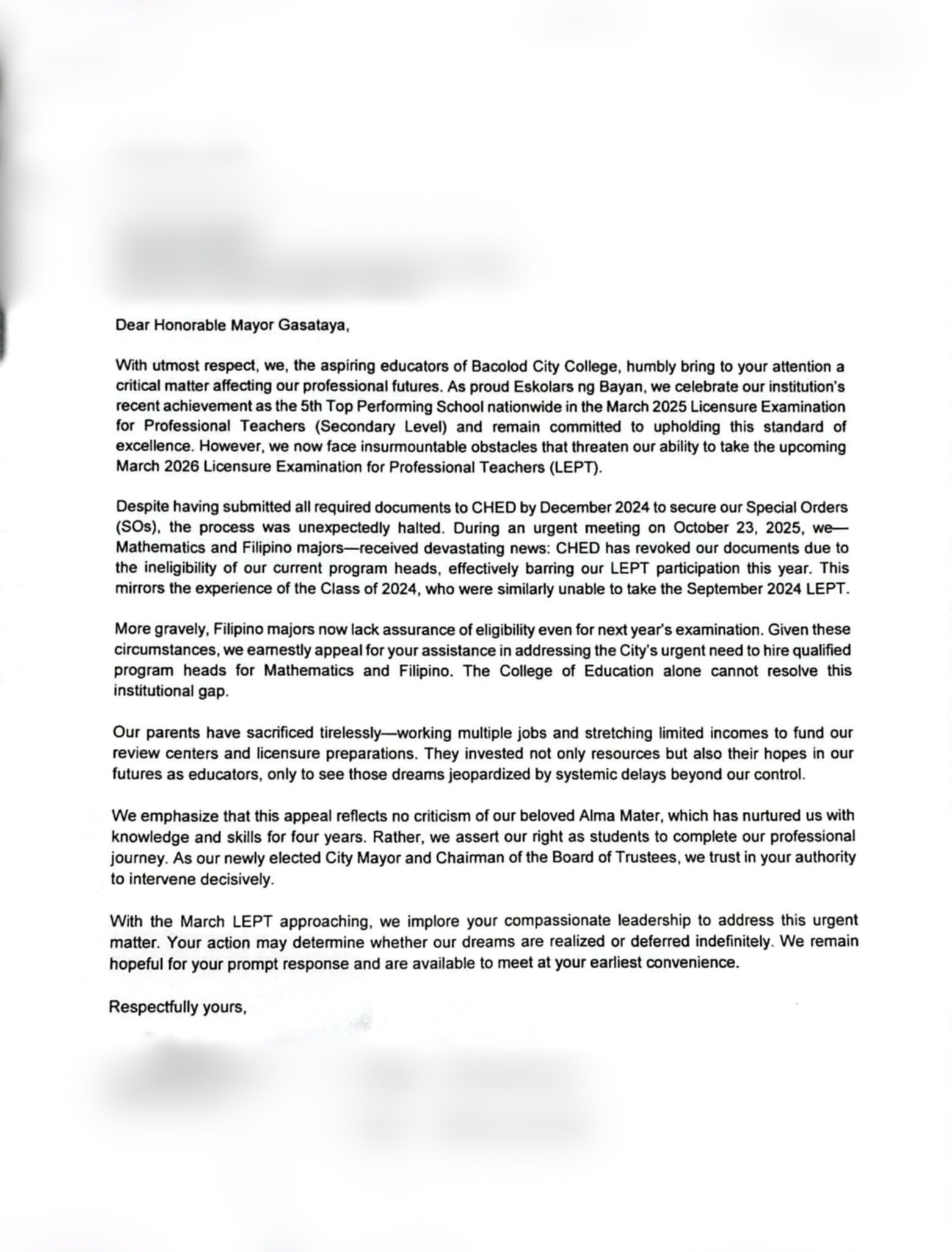Greg - Letter from graduates of BCC's BSEd Major in Filipino and BSEd ...