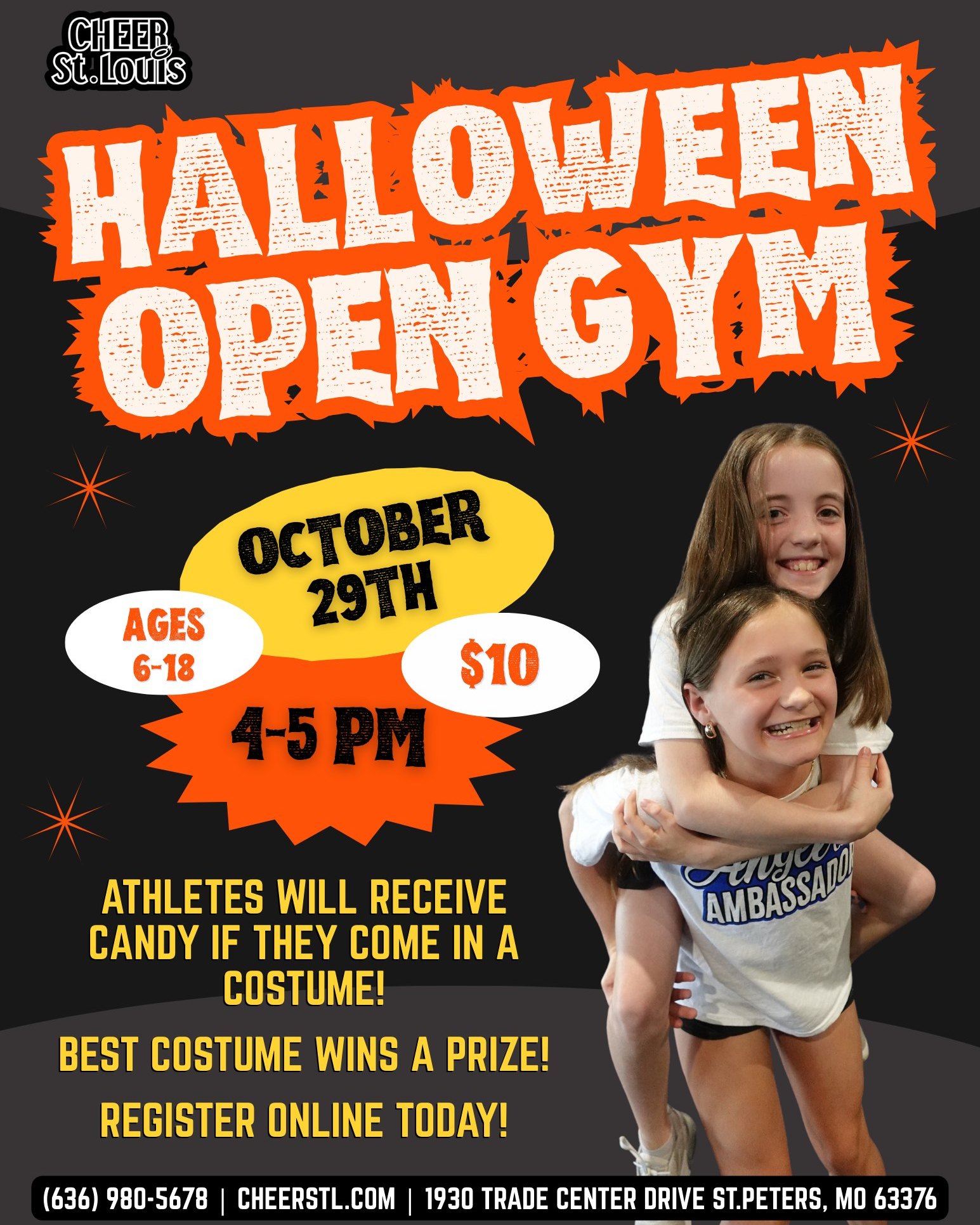 Cheer - Halloween Open Gym is on October 29th 🎃🖤 Athletes that wear a costume will receive candy ...