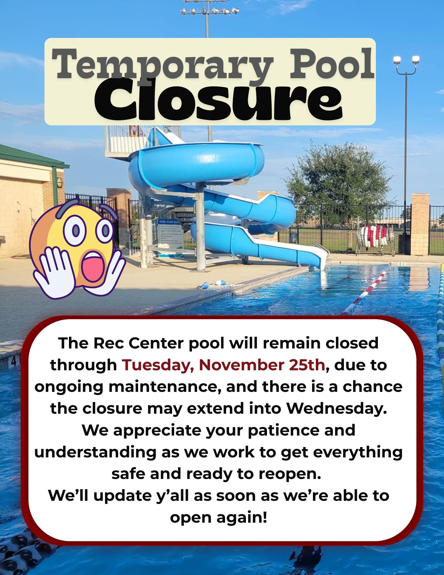 Alvin - 🚧 Pool Closure Update 🚧 The Rec Center pool will remain closed ...