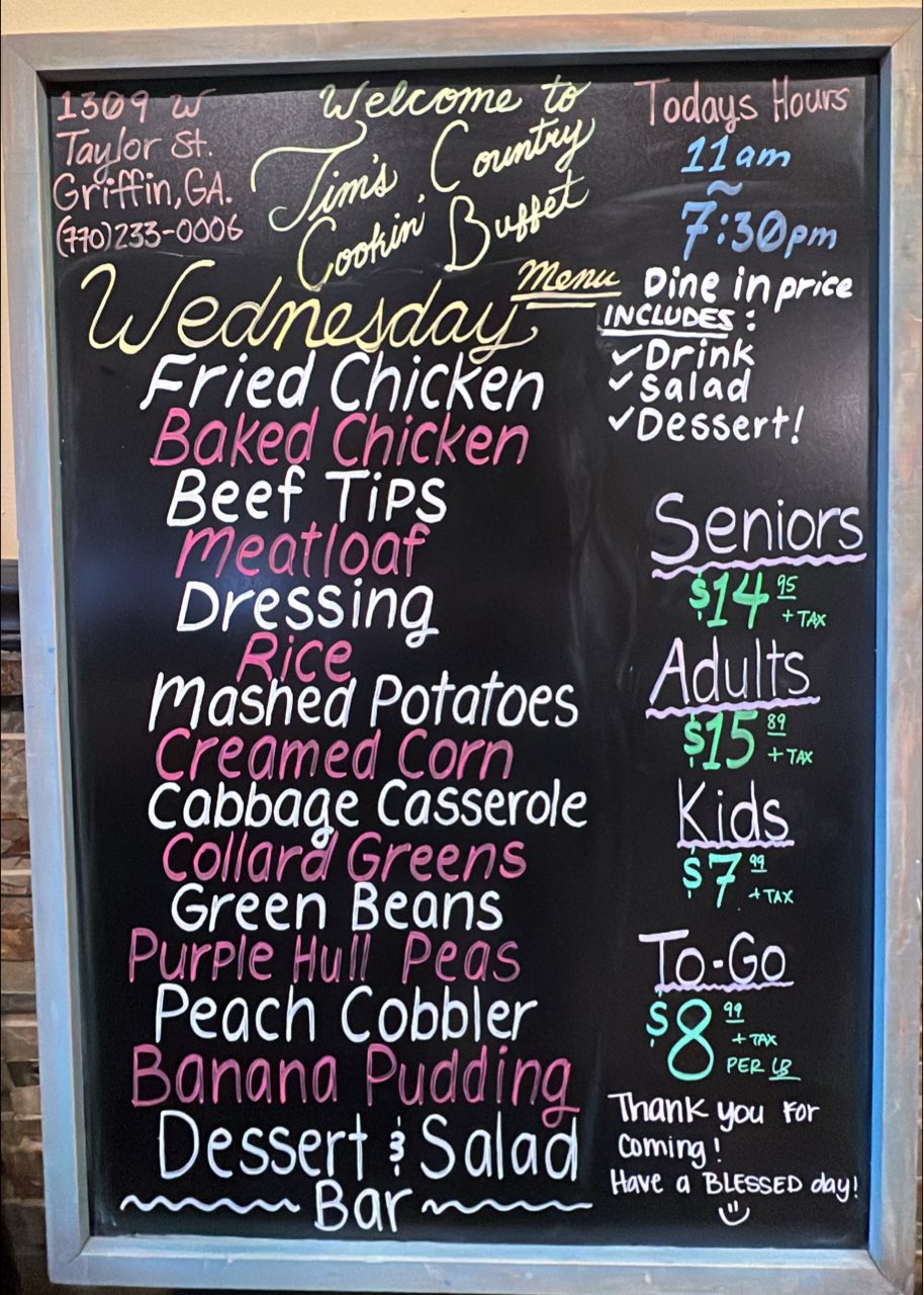 Tim's - Wednesday’s Menu Fried Chicken Baked Chicken Beef Tips Meatloaf ...