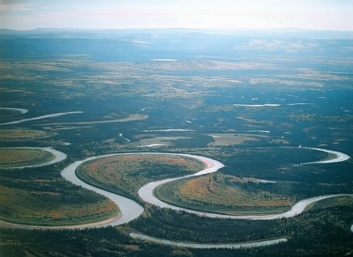 扁額　湖 This picture of the Nowitna River in Alaska shows two oxbow lakes