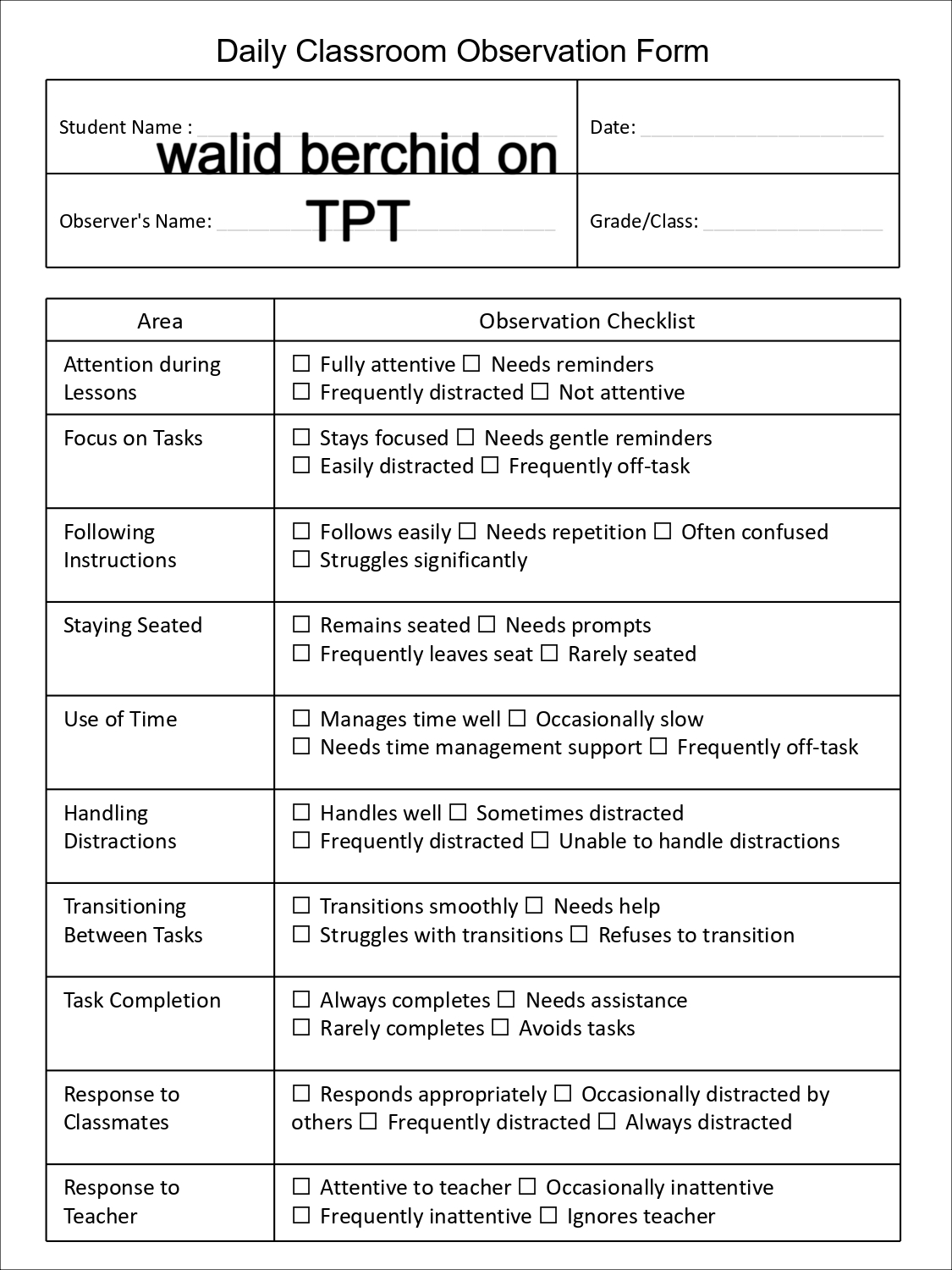 Special Education Community | # Classroom Observation Form for Special ...