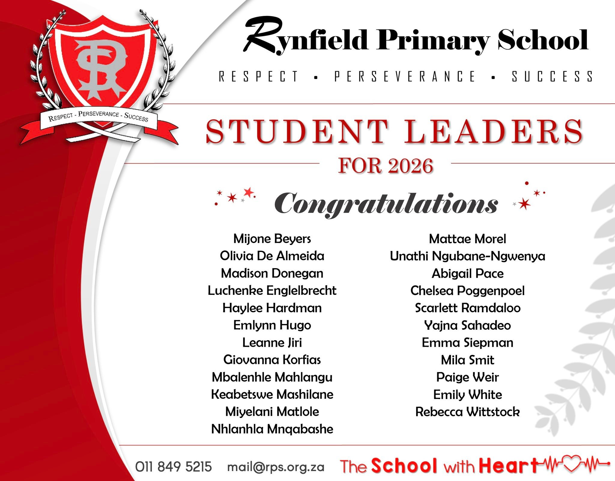 💥• 2026 STUDENT LEADERS •💥... - Rynfield Primary School | Facebook
