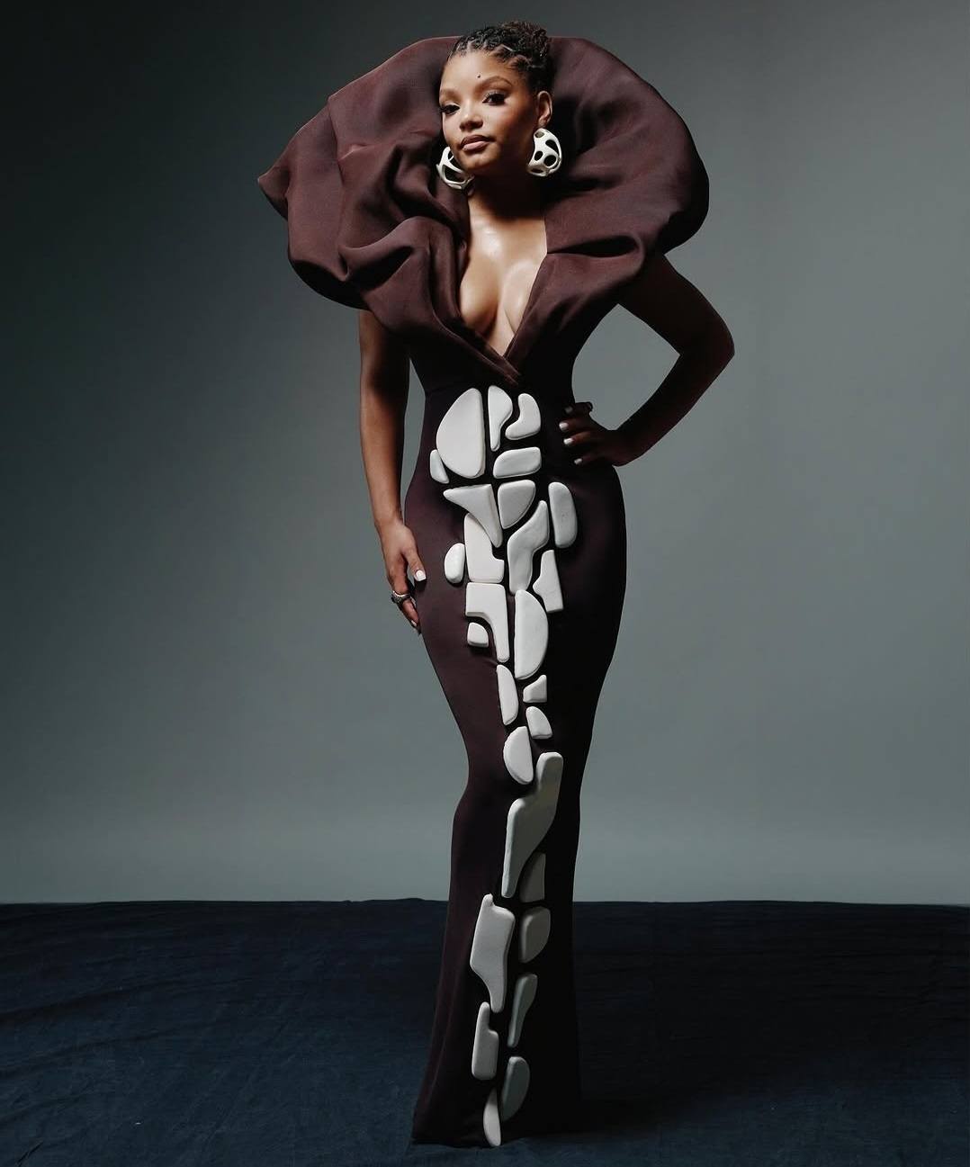 halle bailey brown dress in Stephane Rolland | Styled by Bryon Javar Fall Shop
