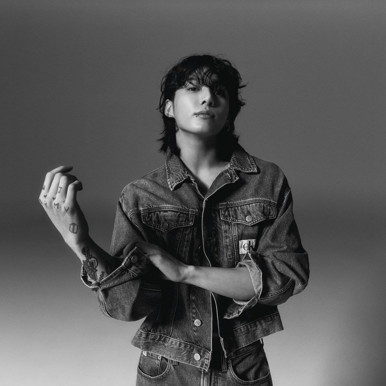 Limited-edition denim designed by Jung Kook. The perfect baggy