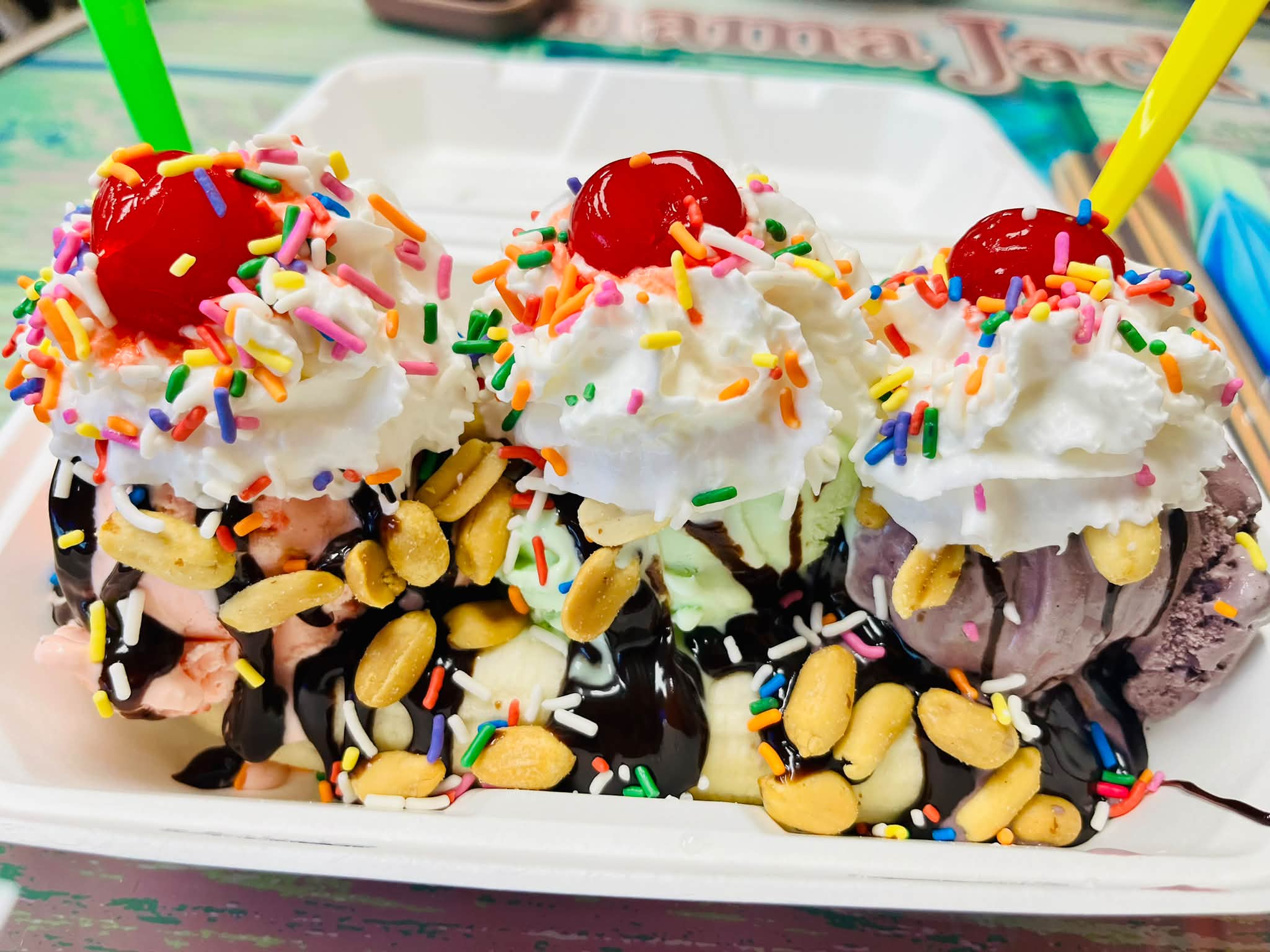 Sweet Melissa's banana split with black raspberry, pistachio, and