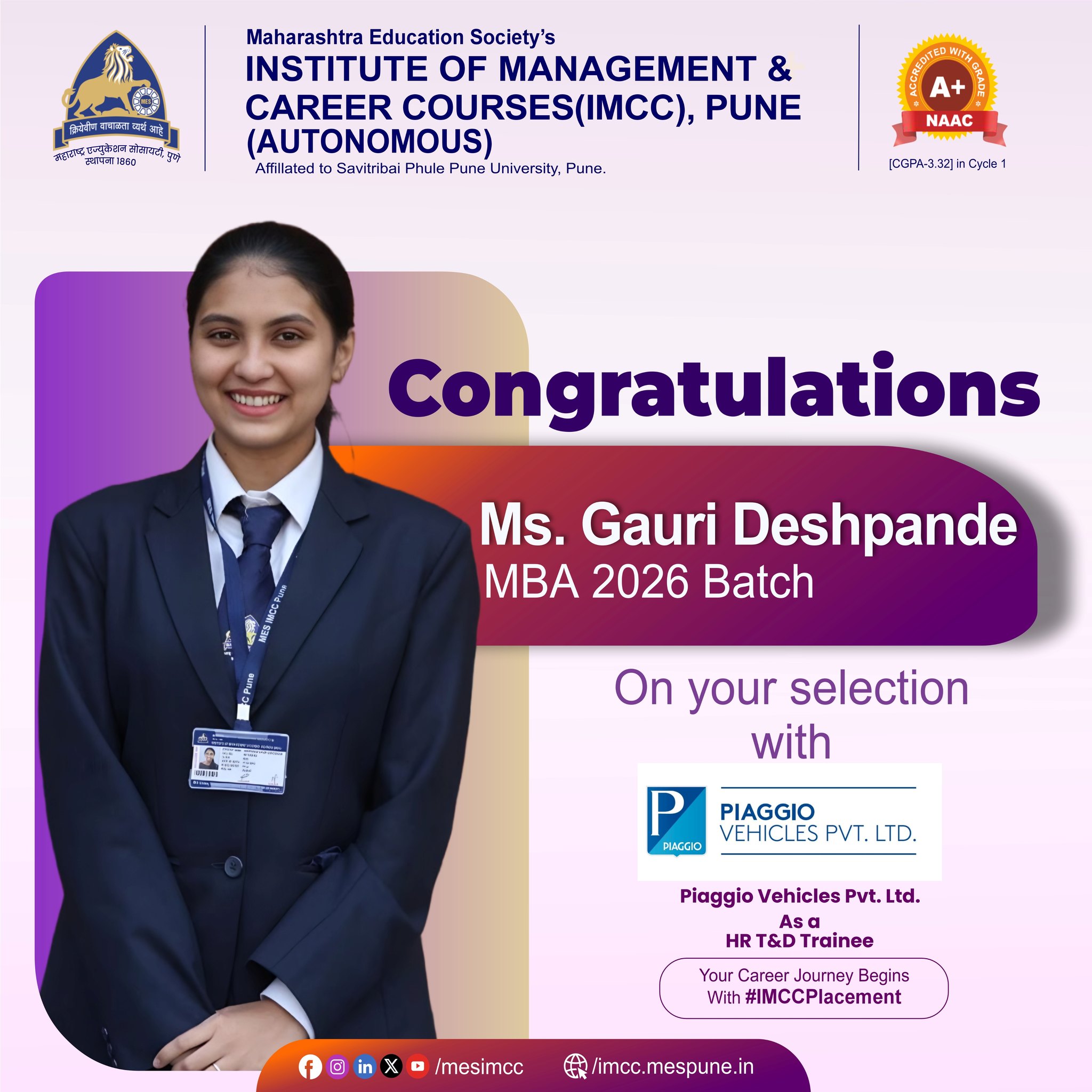 Congratulations to Ms. Gauri Deshpande from MBA batch 2026 Student on ...