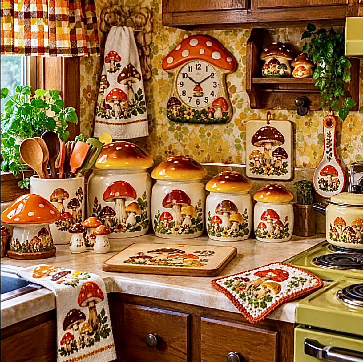 🍄 Who remembers the 1970s mushroom kitchen craze? Orange, avocado