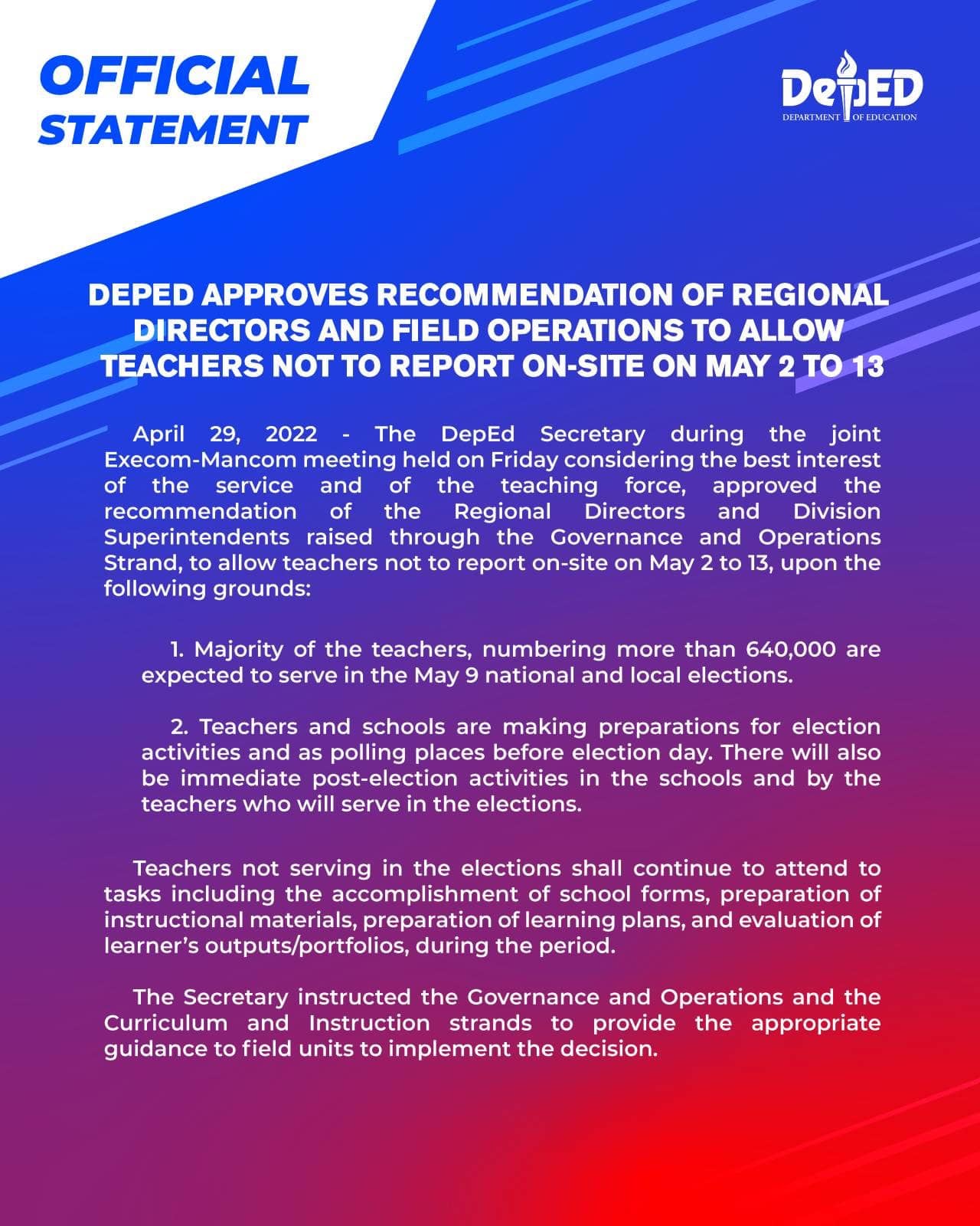 DepEd - *OFFICIAL STATEMENT DepEd Approves Recommendation of Regional ...