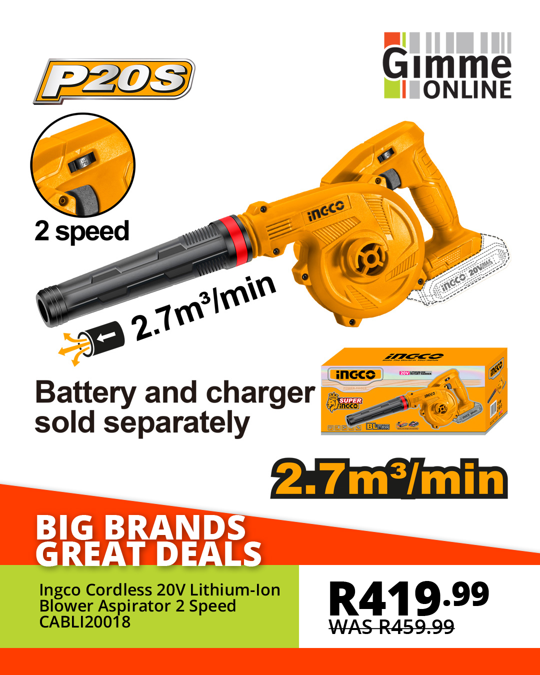 Gimme - Ingco Cordless 20V Lithium-Ion Blower Aspirator 2 Speed ...