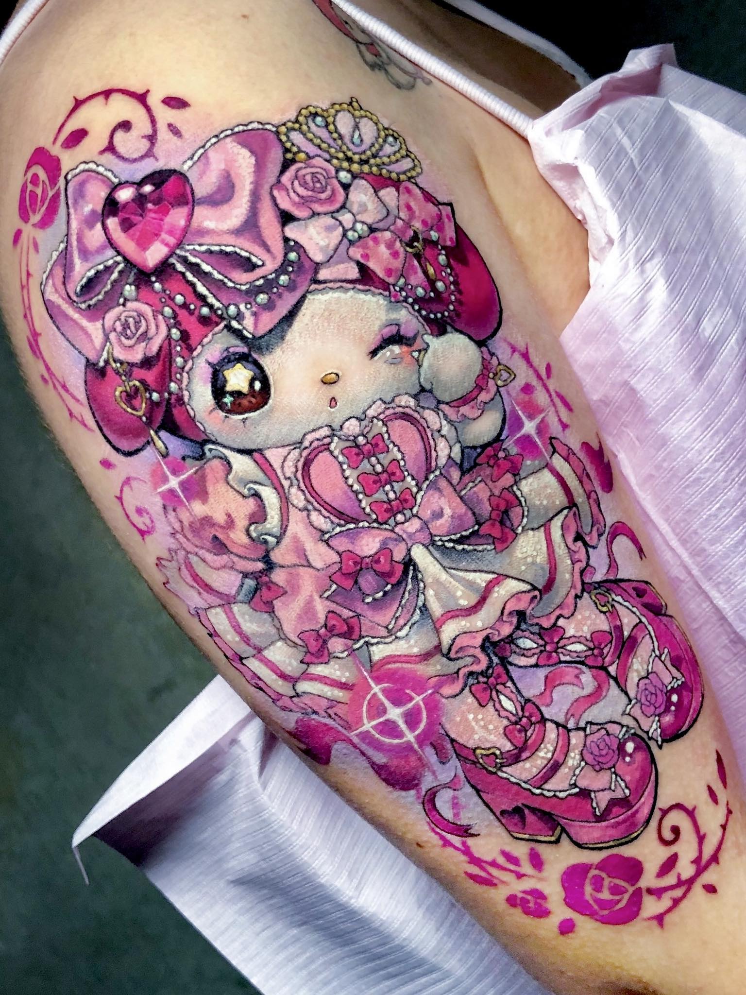 idol pink and blue tattoo print dress Rose Hime Gyaru My Melody! ♔˚.🎀༘⋆🥀✴︎˚｡⋆ Sweet my melody wearing a Hime Rorita/gyaru inspired outfit 🩰👑🤍⋆. 𐙚 ˚ I just adore a good fashion inspired design! 🫀 Im really wishing I size:8 Years Length of the garment Early Autumn Find Your birthday dress