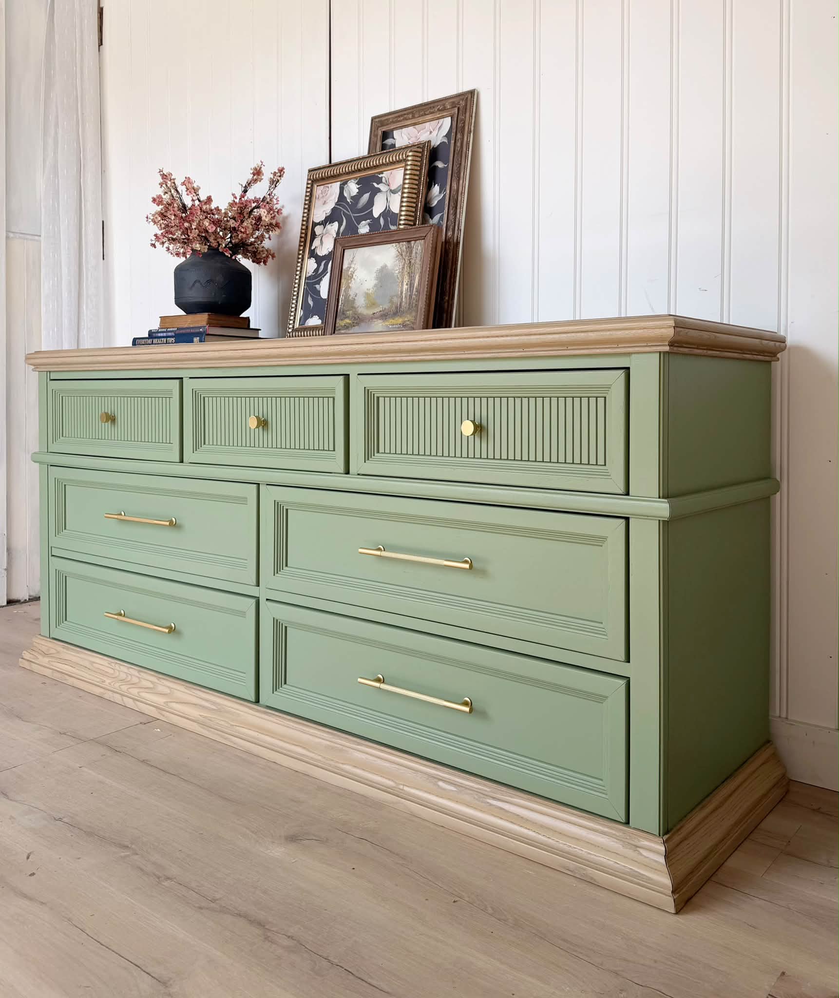 Light green dresser with wood accents for sale in Elrose, Saskatchewan