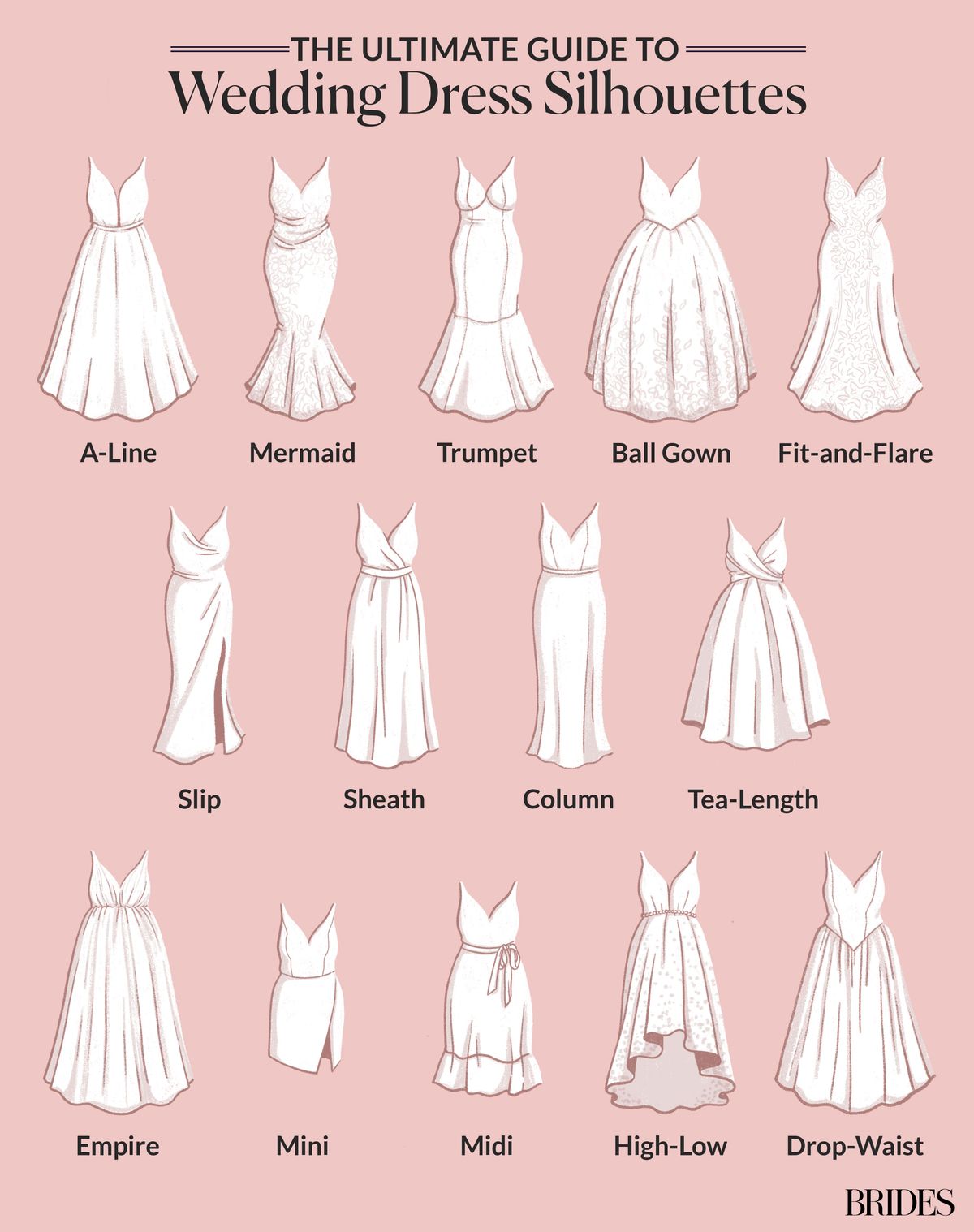Our guide to the most popular wedding dress silhouettes. Find out what to know about each shape at the link in the comments. 👇️