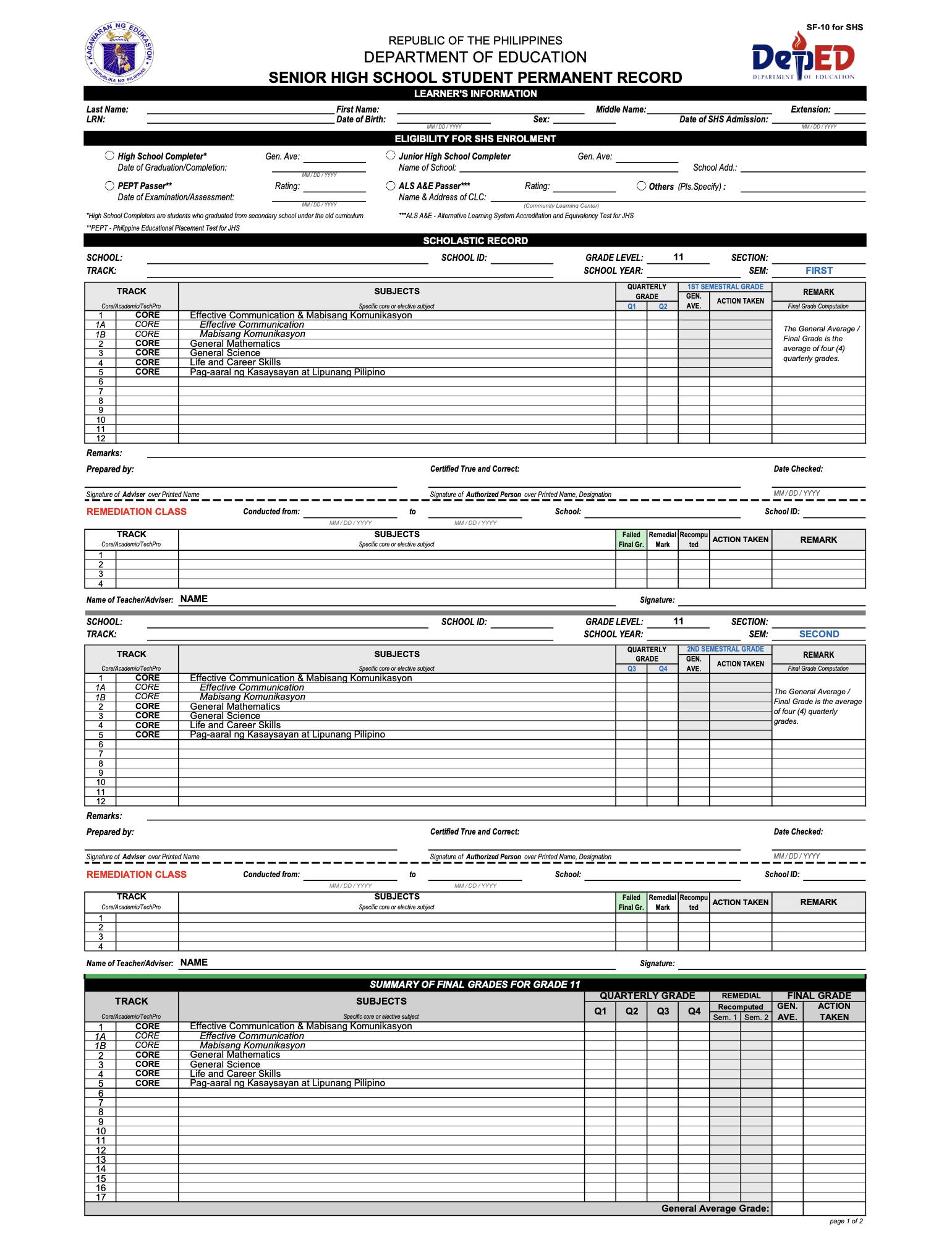 Download Modified School Form 10 for Strengthened Senior High 