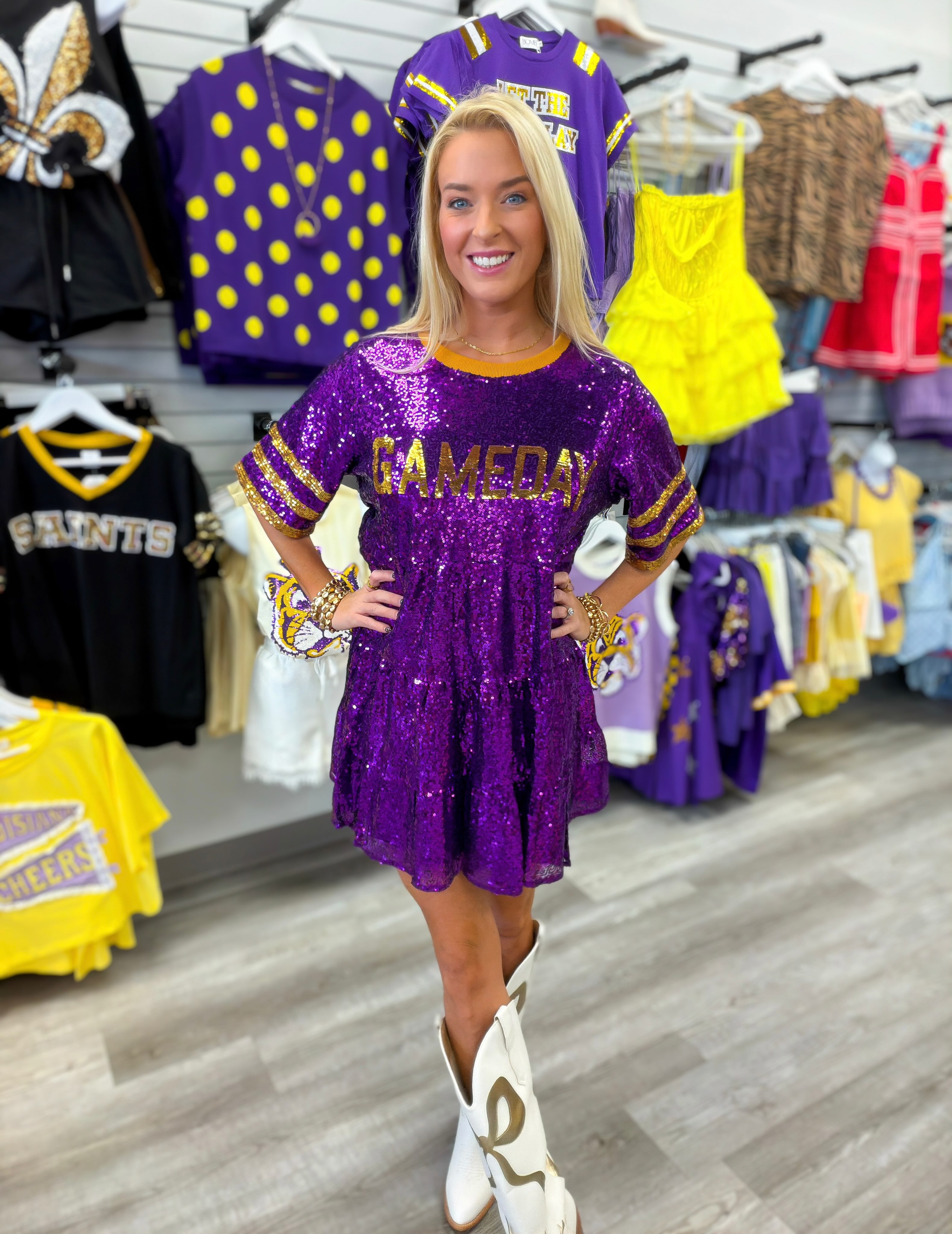 purple and gold gameday dresses This dress is NOT $100… it's only $25!!! 💜✨ Sparkle your way into in the cutest sequin dress! 💛🏈 Perfect for cheering on the Tigers without breaking the bank. At Professional black shift dress