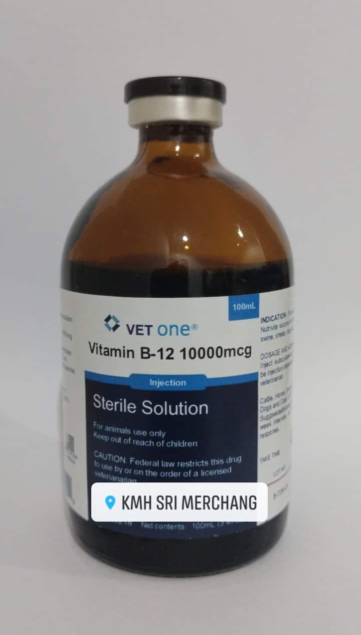 Vitamin B12 10,000mcg 100ml Vitamin B12 yang paling HOT dikalangan penternak di Malaysia. Setiap ml mengandungi B12 sebanyak 10,000mcg, ianya TERBUKTI BERKESAN digunakan sebagai supplement untuk LEMBU, KUDA, KAMBING, ANJING DAN KUCING
