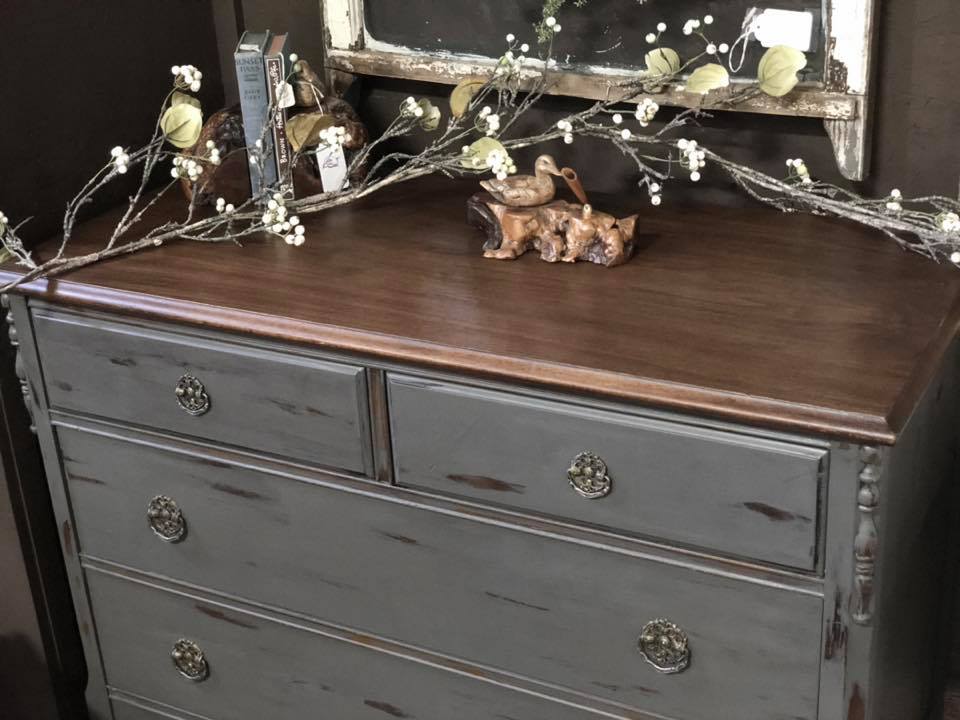 grey dresser with stained top What's your favorite part of this elegant taupe dresser? irish