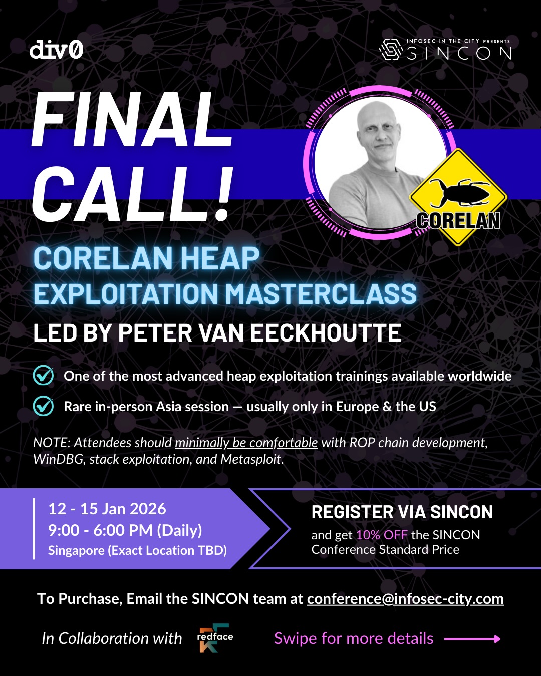 🚨 FINAL CALL: Corelan Heap... - Infosec In the City | Facebook