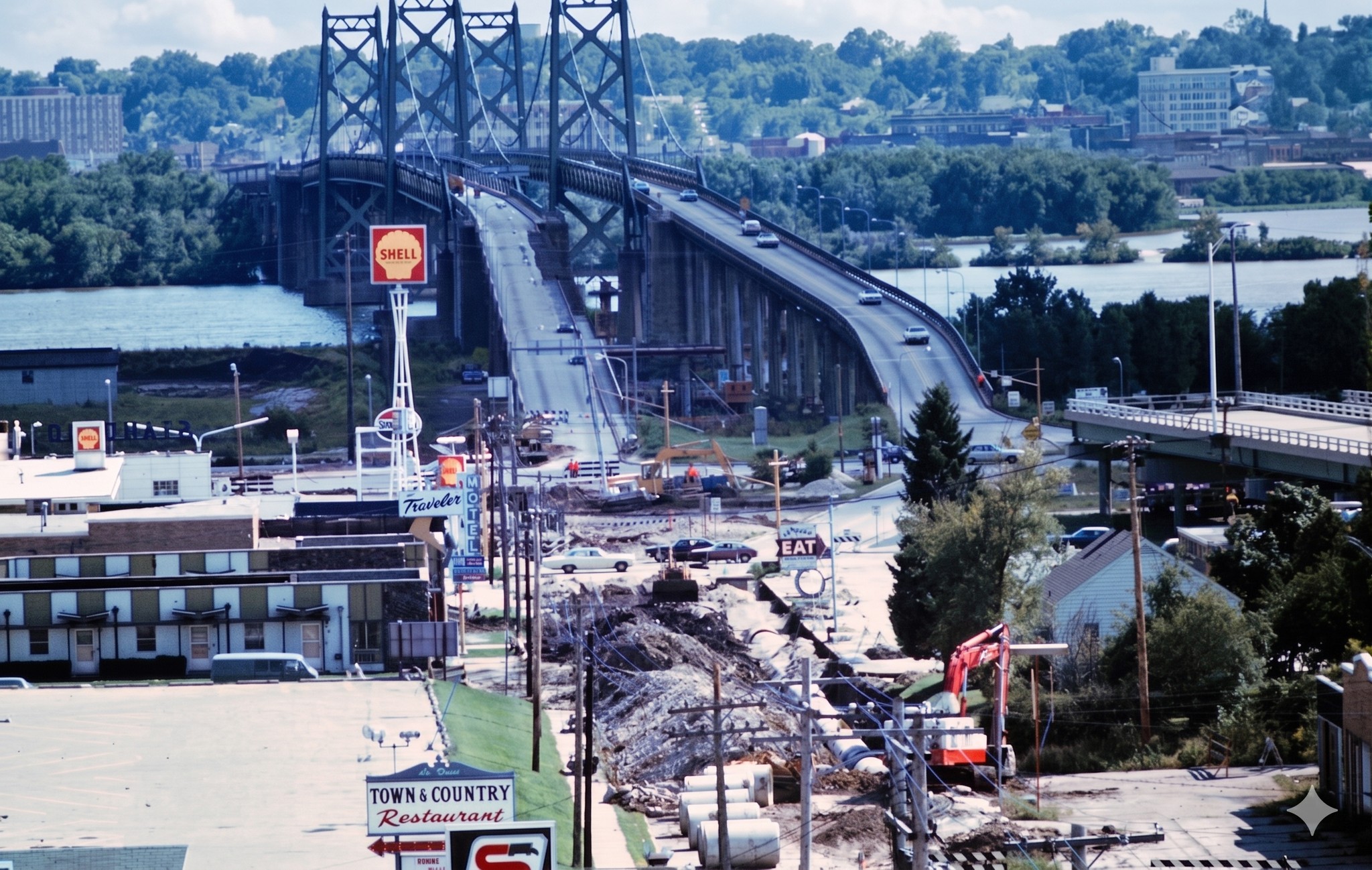 1972 春一番 BRIDGE 1972, Bettendorf. Extending the I-74 Bridge to connect to the