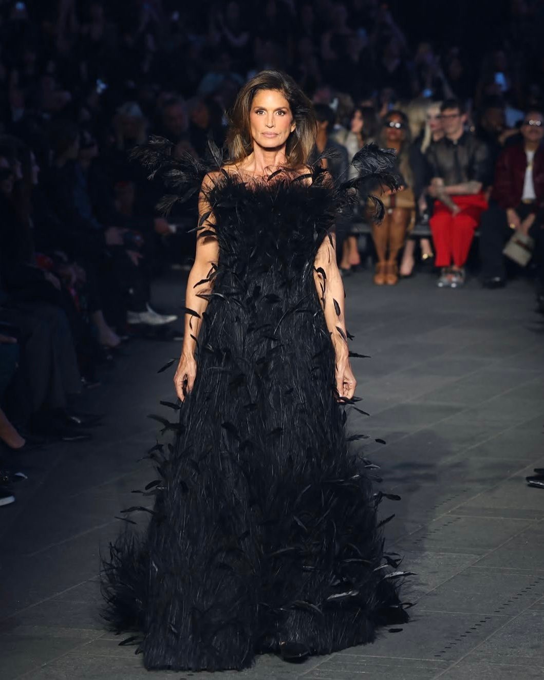 black dress runway Iconic Supermodel CindyCrawford wearing a dramatic feathered gown closed out the #gucci Cruise Show in New York City last night #gucci #cindycrawford Order your usual dress Material Content:66% Polyurethane 34% Polyester fit::Relaxed Sheer Akris punto | Ready-to-Wear
