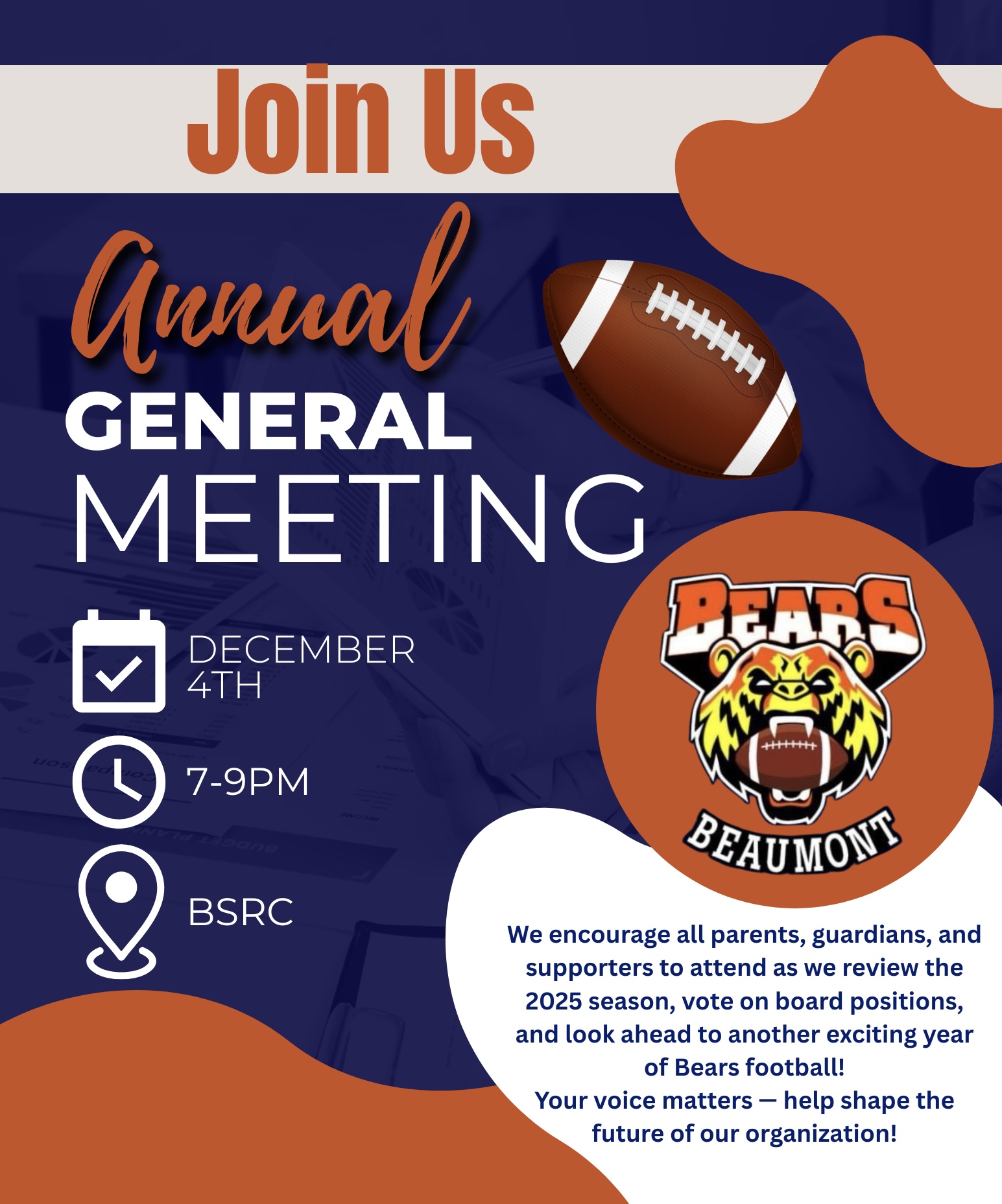 Beaumont - 📣 2025 BMFA AGM 🏈🐻 You’re Invited to join us for our AGM ...